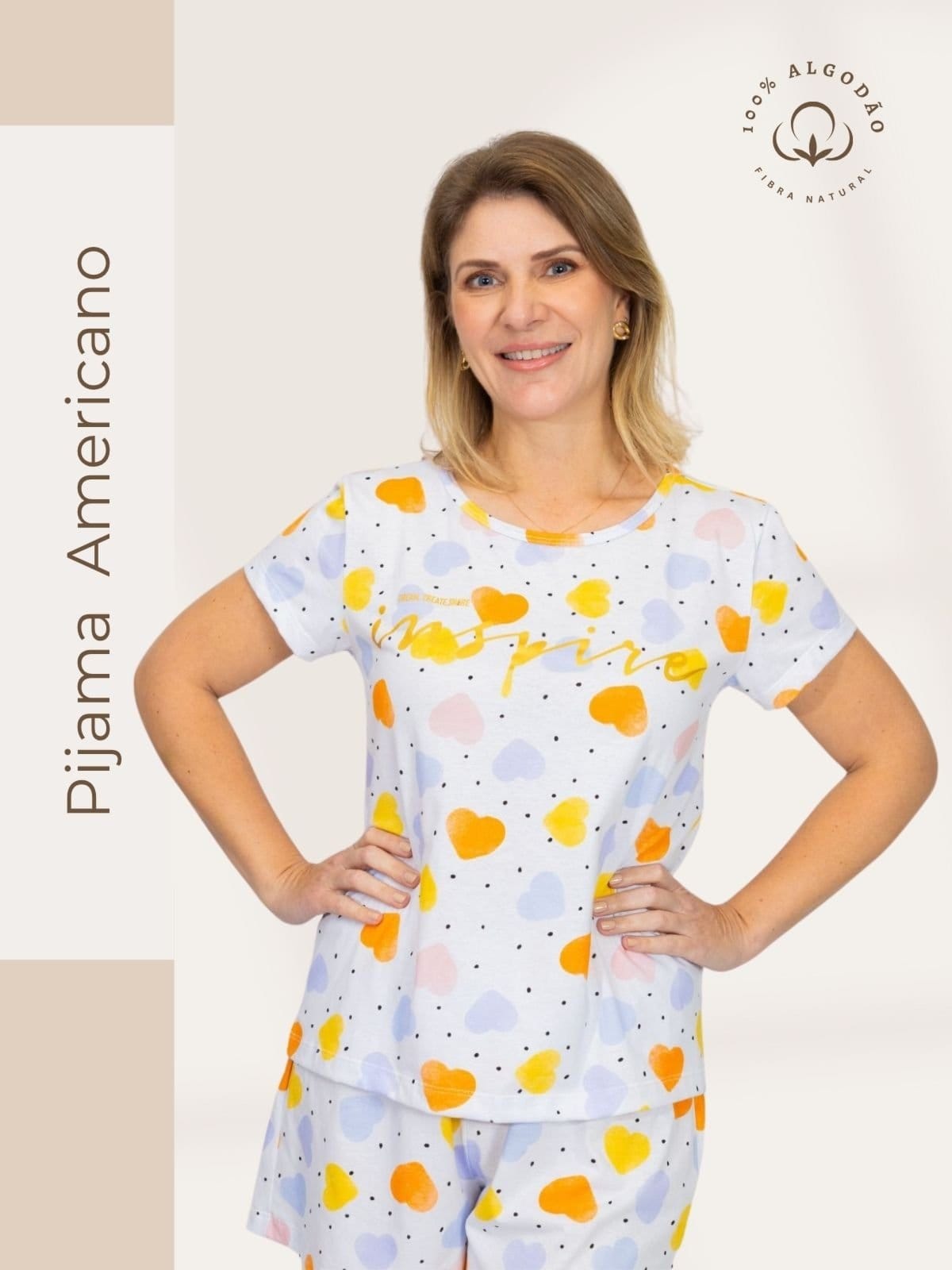 Vista 2 Pijama Algodão Piante Short Doll Inspire Manga Curta Corações Coloridos Piante branco