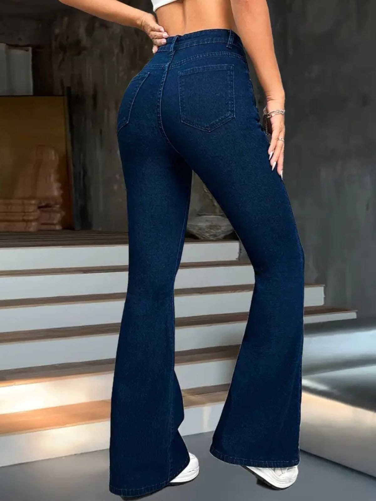 Vista 2 Calça Jeans Flare Feminina Safira Moda Boca de Sino Estonado Safira Moda azul