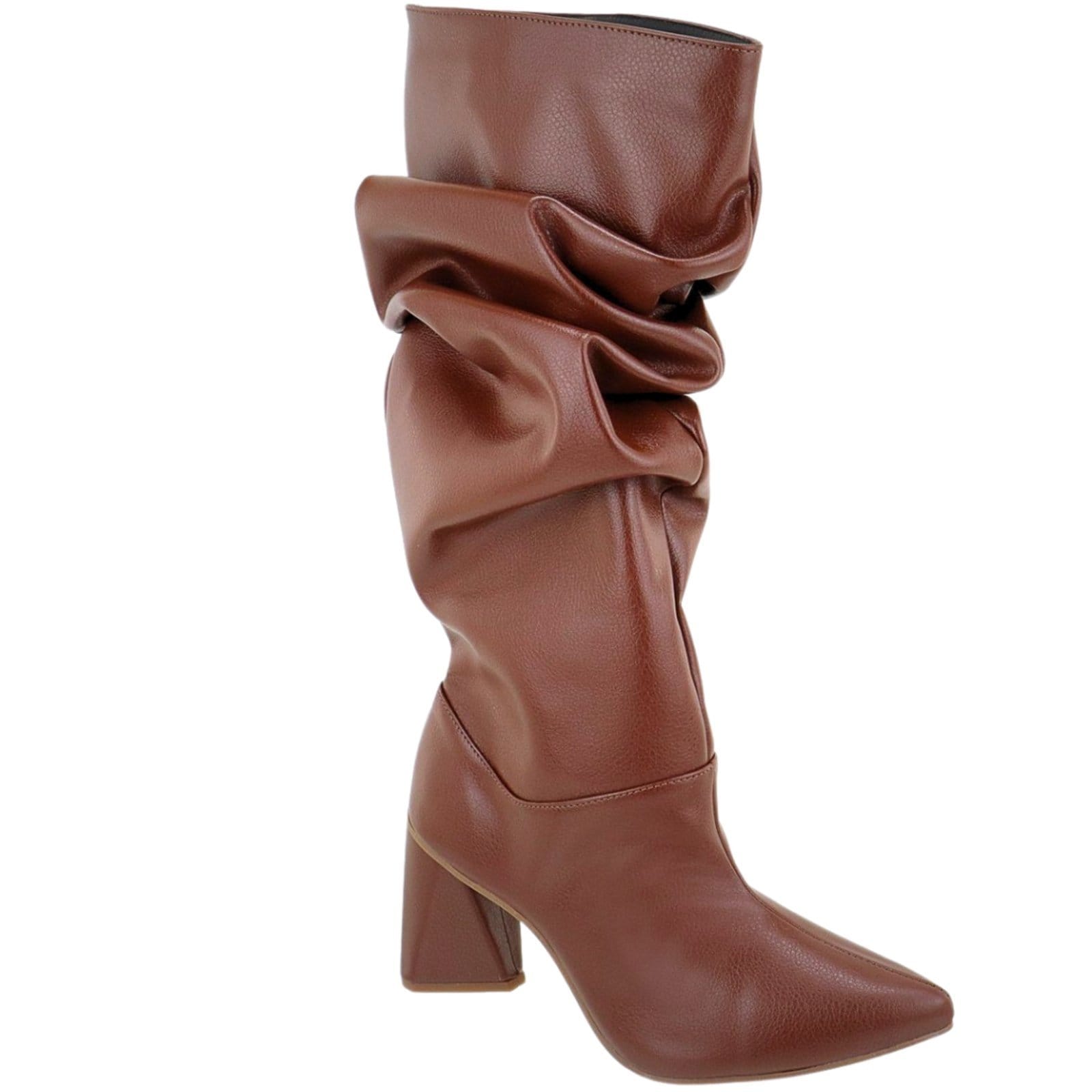 Vista 2 Bota Feminina Cano Longo Slouchy Enrugada Salto Grosso Estilosa 23021 Cacau Flor da Pele marrom