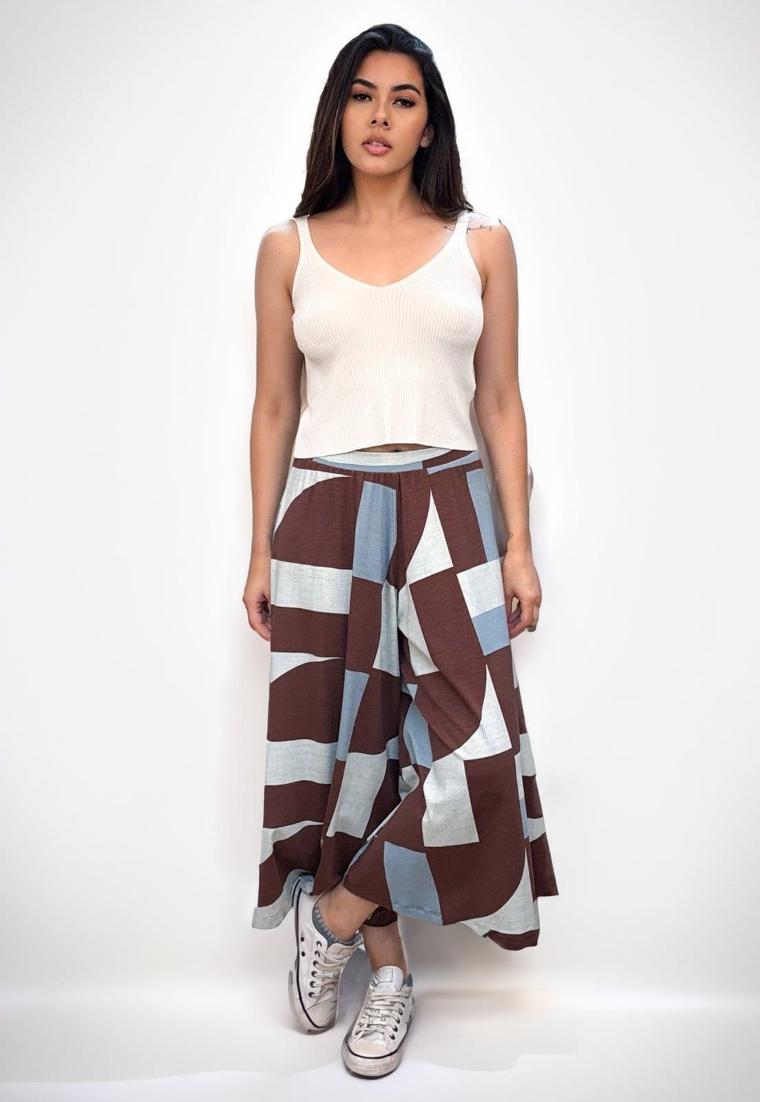 Vista 2 Calça Pantacourt Cabanafree Saia Malha Macaúba Estampa Santa Rosa do Tocantins Cabanafree azul/estampado/marrom rosa