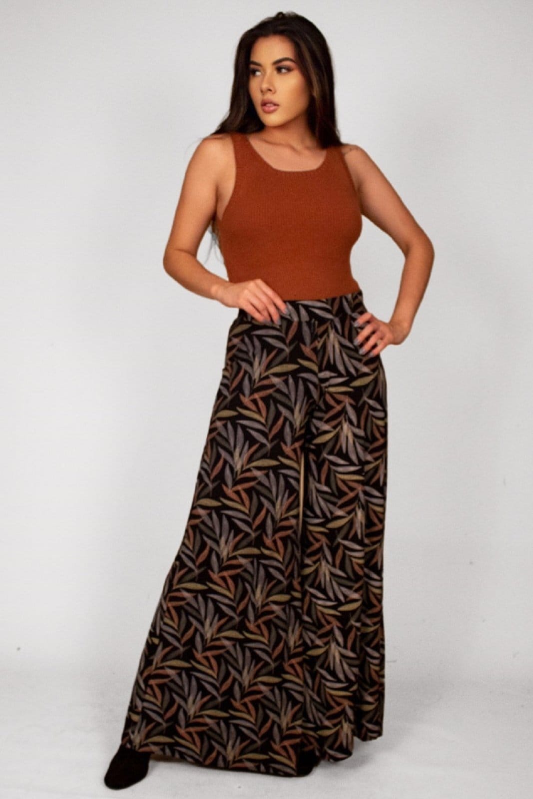 Calça Pantalona Granja Malha Estampa Folhagem