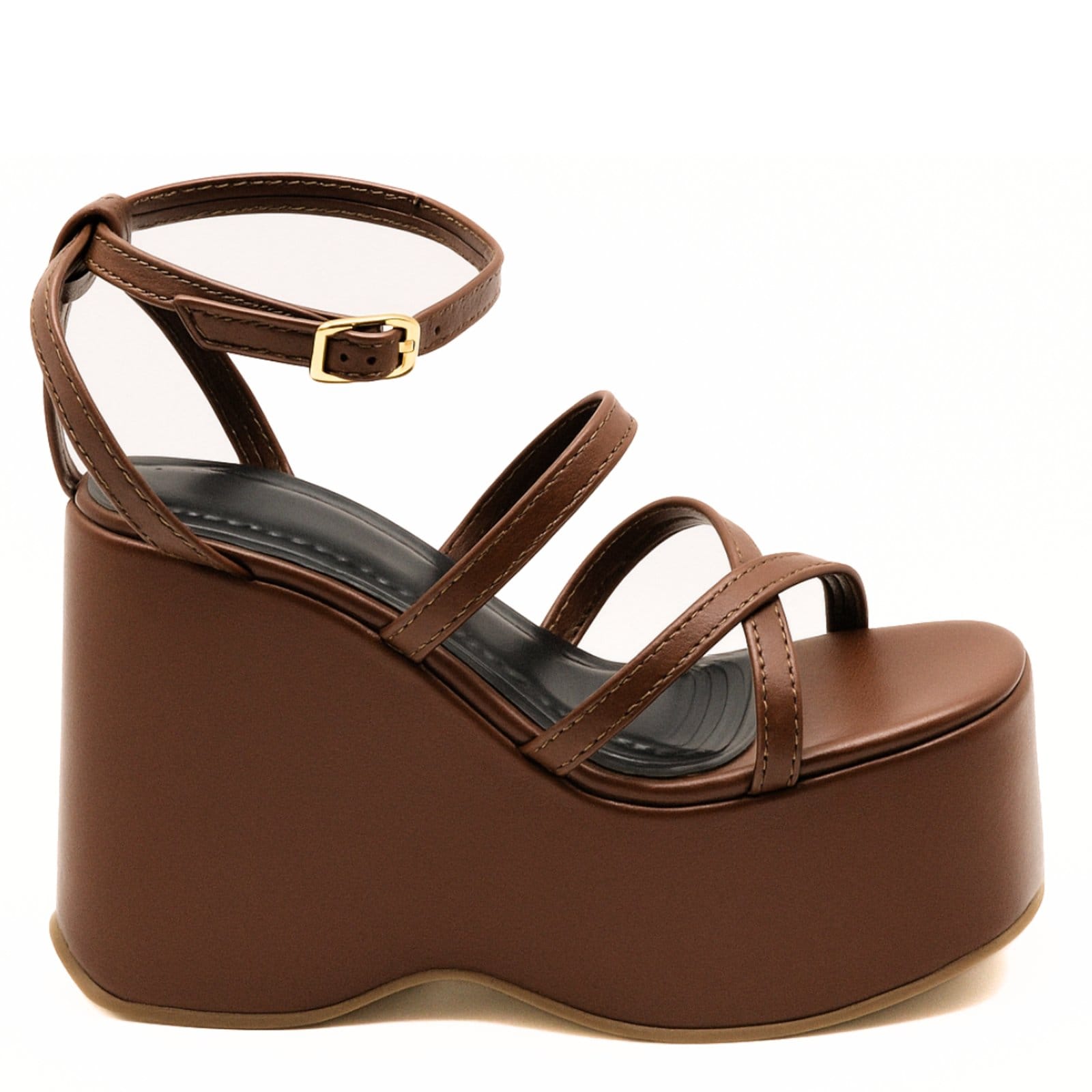 Vista 2 Sandália Feminina Anabela Alta Com Tiras Estilosa Cacau 182158 Flor da Pele marrom