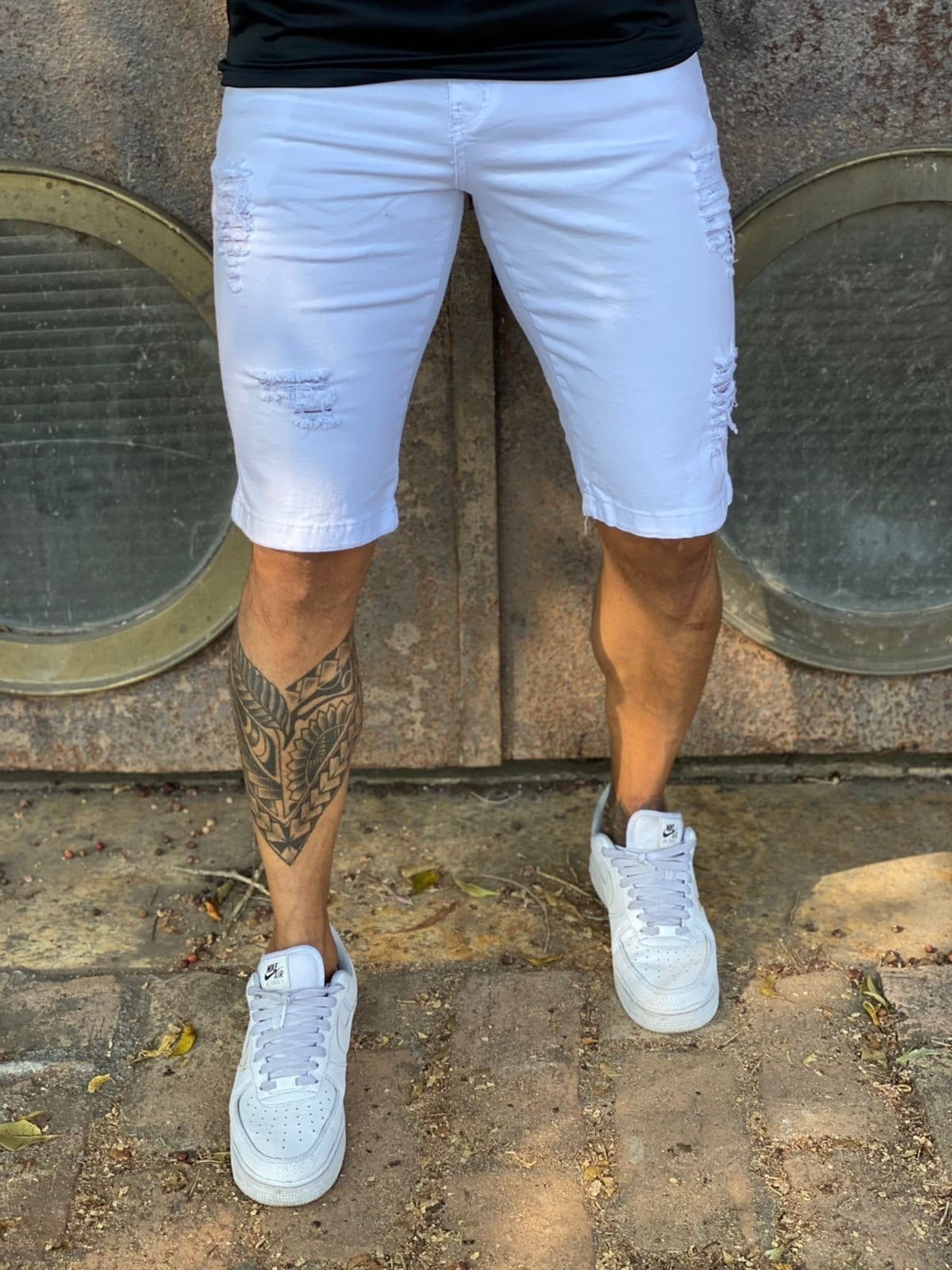 Bermuda Branca Rasgada Sarja Masculina Alleppo Jeans Genebra