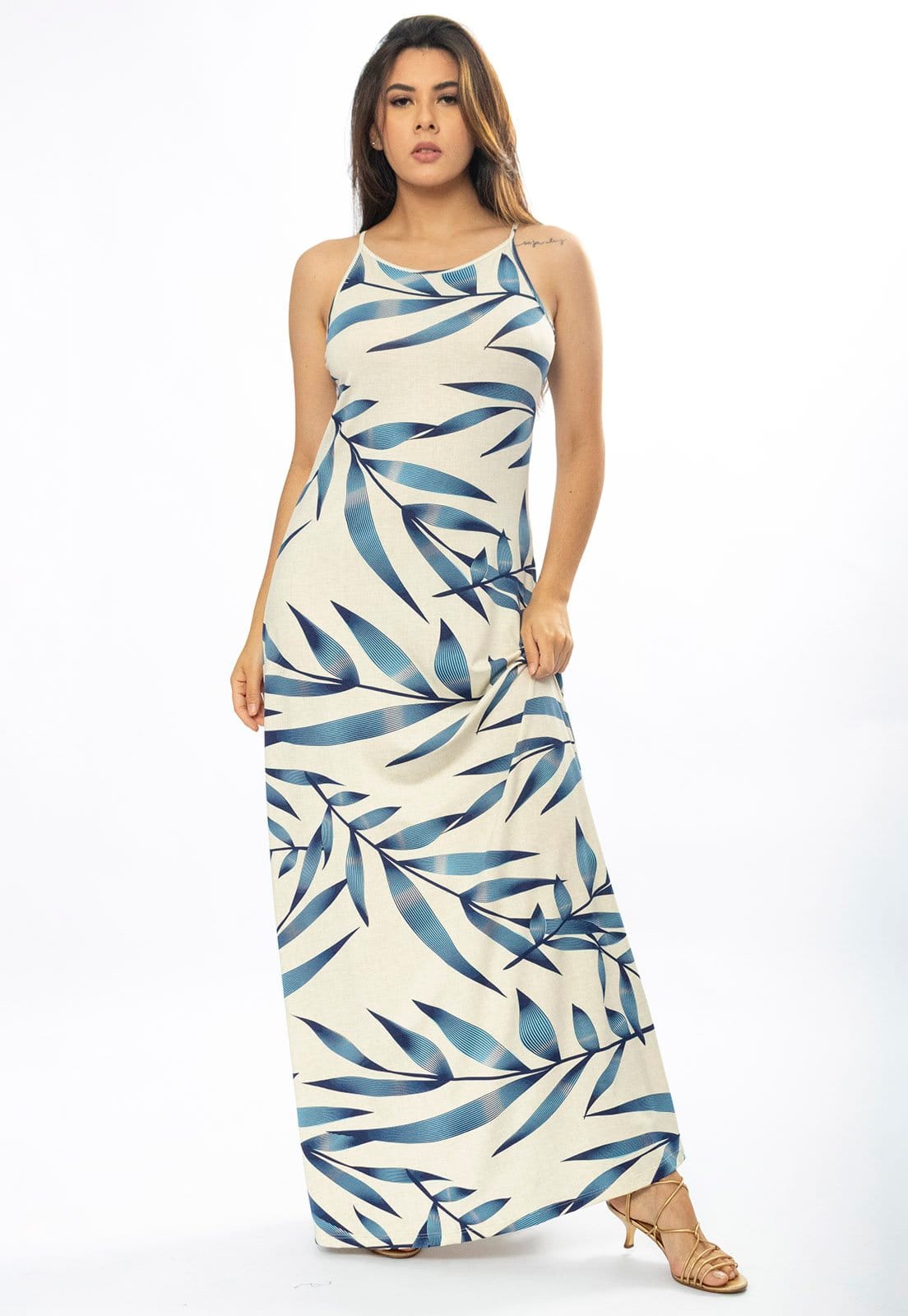 Vestido Longo Amazônia Vital Malha Trapézio Estampa Bambu Azul