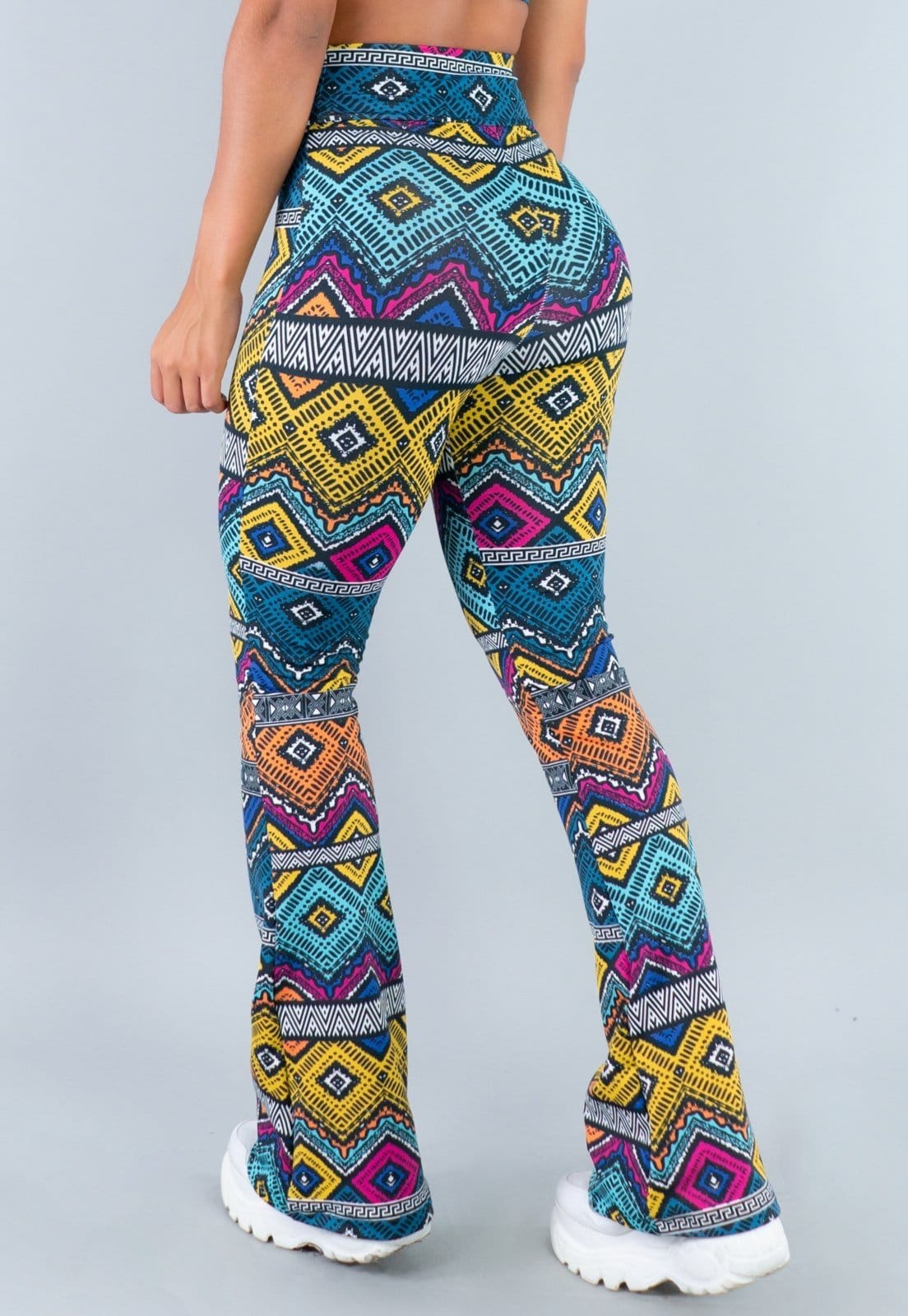 Vista 2 Calça MVB Modas Feminina Flare Pantalona Suplex Étnico Mvb Modas amarelo/azul/multicolorido/verde