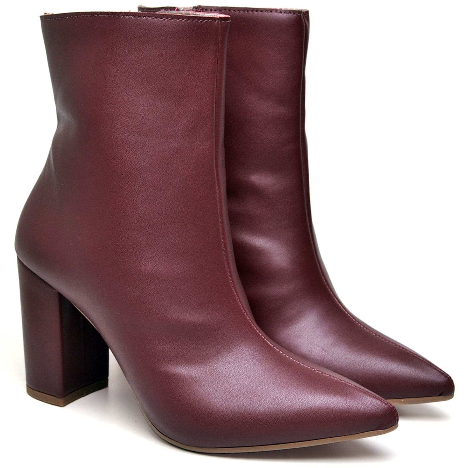 Bota Cano Curto Feminina Salto Grosso Médio Napa Marsala