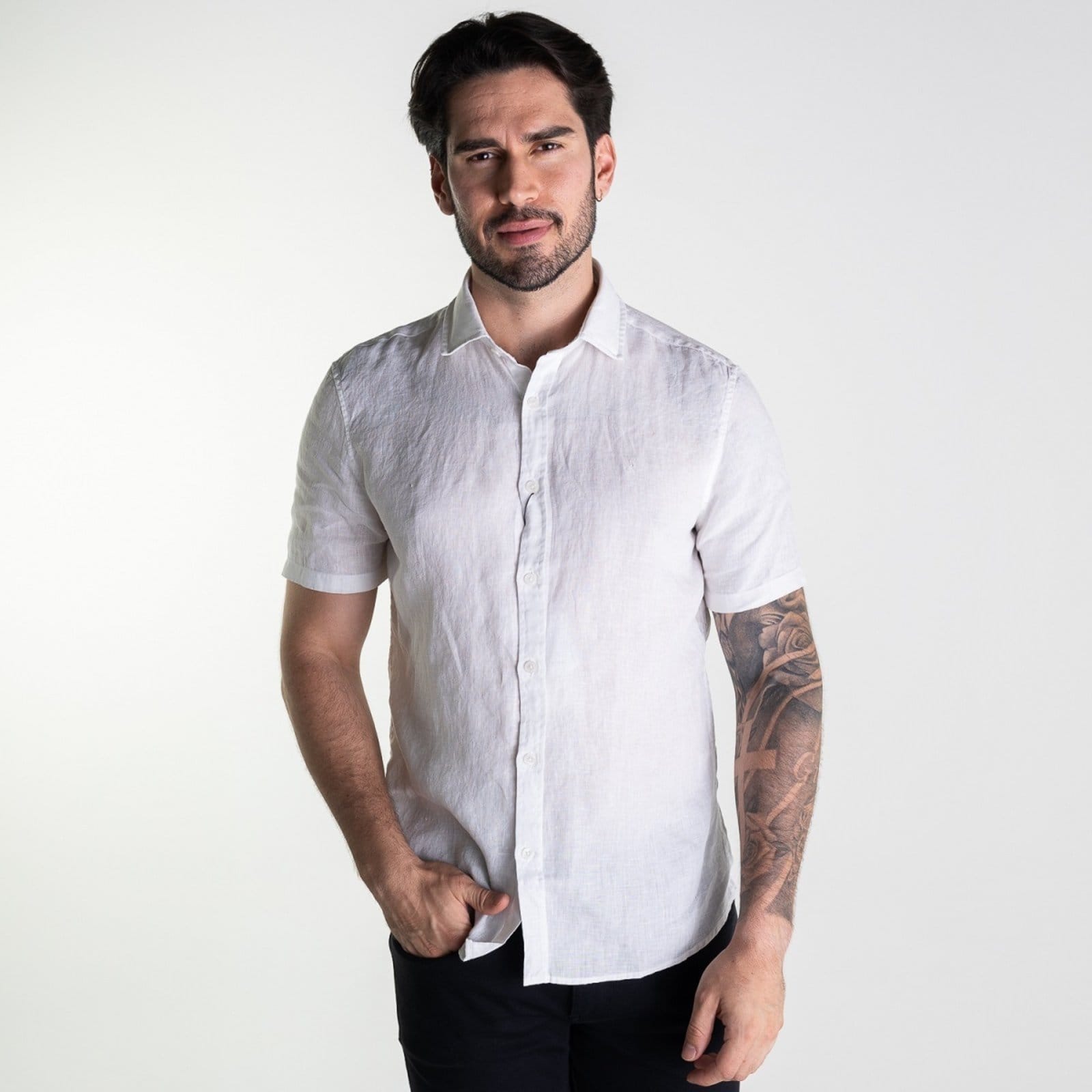 Camisa Calvin Klein Cannes Linen Linho Manga Curta Branca