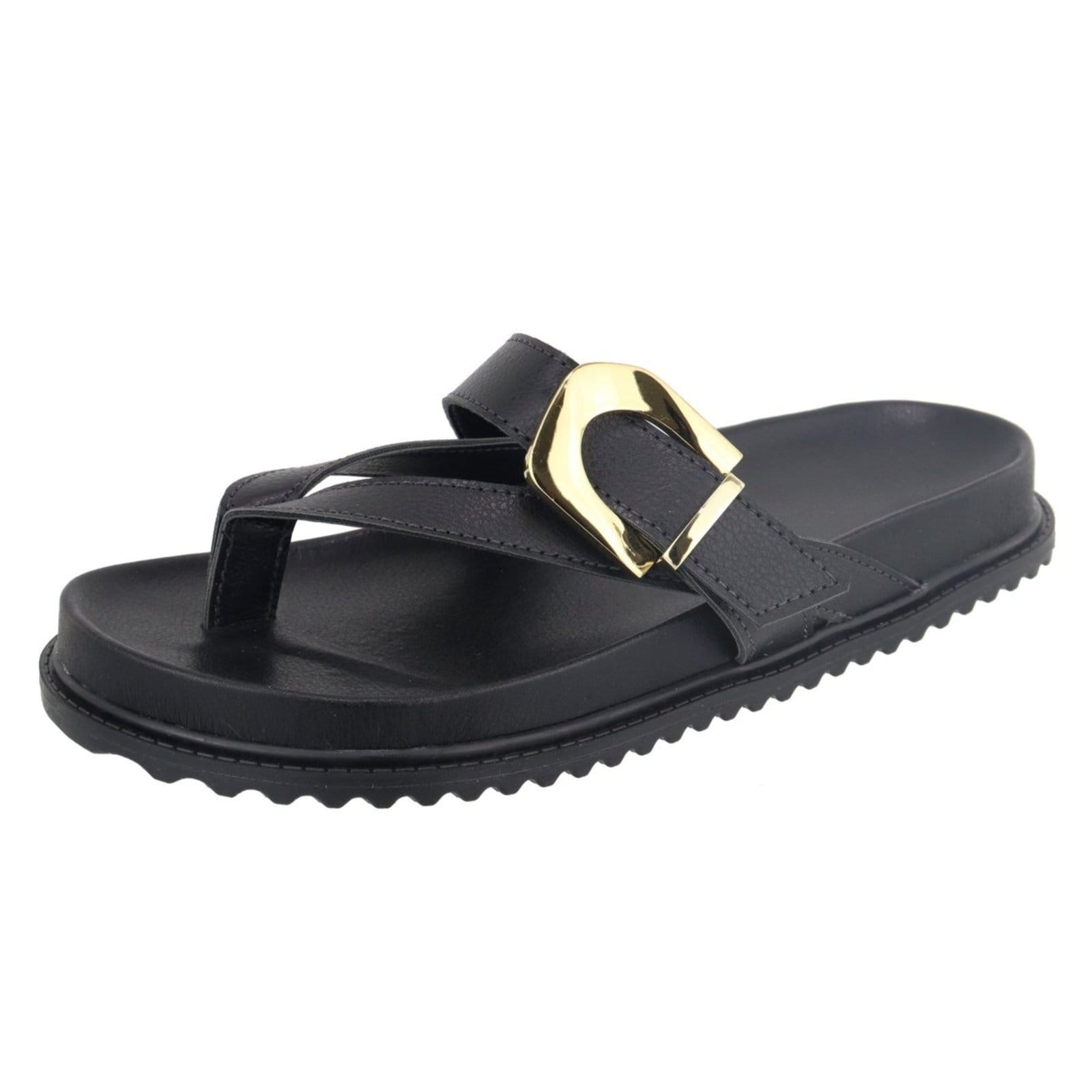 Papete Rasteira Feminina Paula B Com Tiras De Dedo E Detalhe Em Fivela De Metal Dourado Palmilha Confort