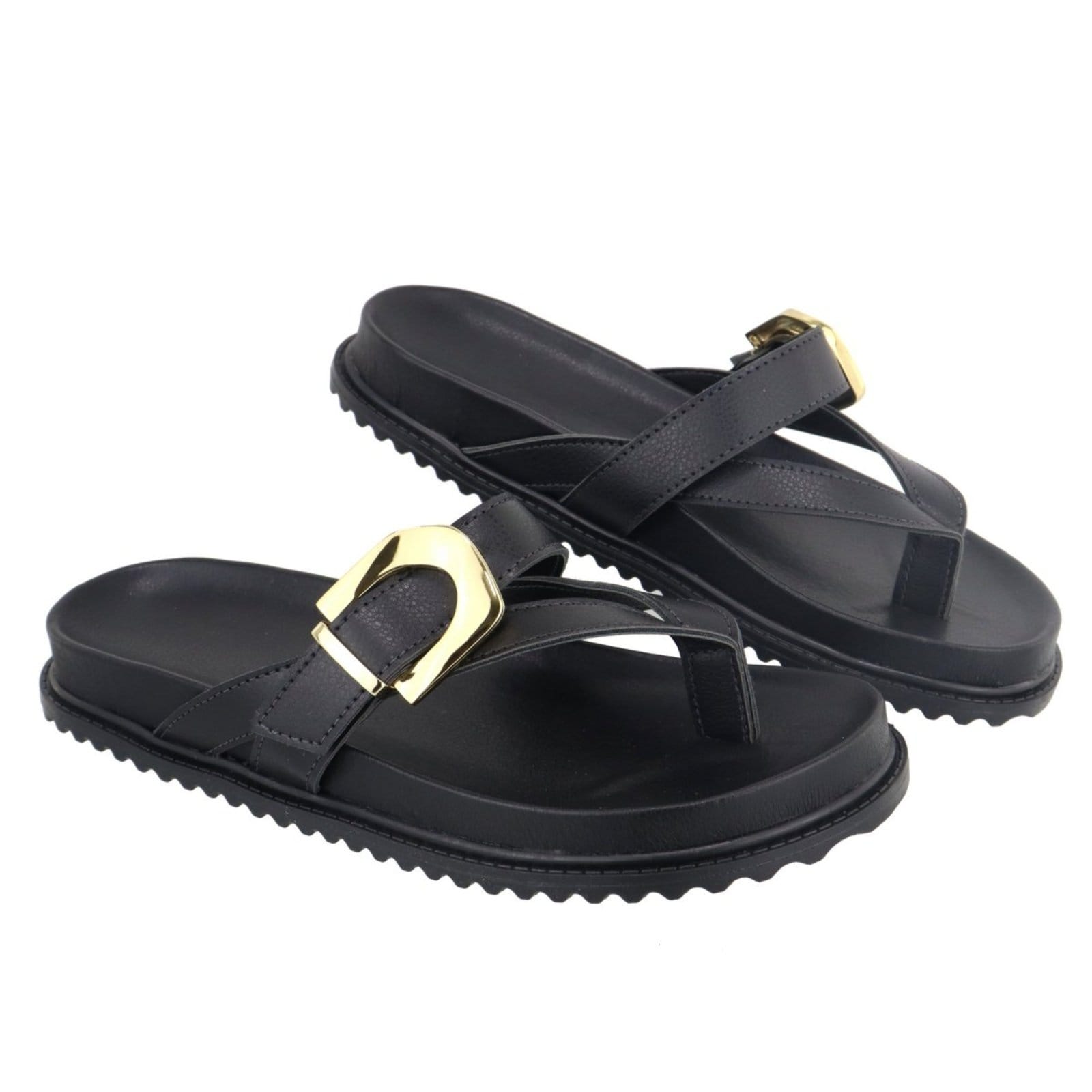 Vista 2 Papete Rasteira Feminina Paula B Com Tiras De Dedo E Detalhe Em Fivela De Metal Dourado Palmilha Confort PAULA B preto