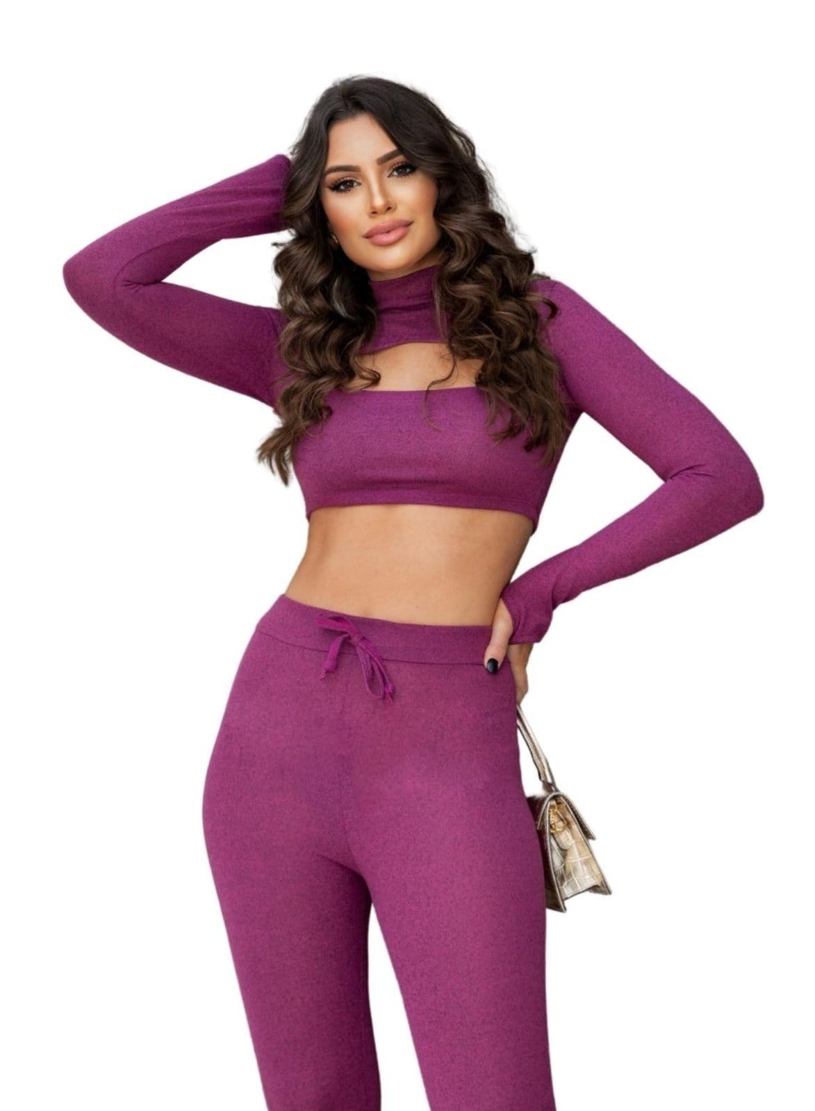 Vista 2 Conjunto Lãzinha Cropped e Calça Fúcisa Cia do Vestido pink/rosa/rosê/roxo