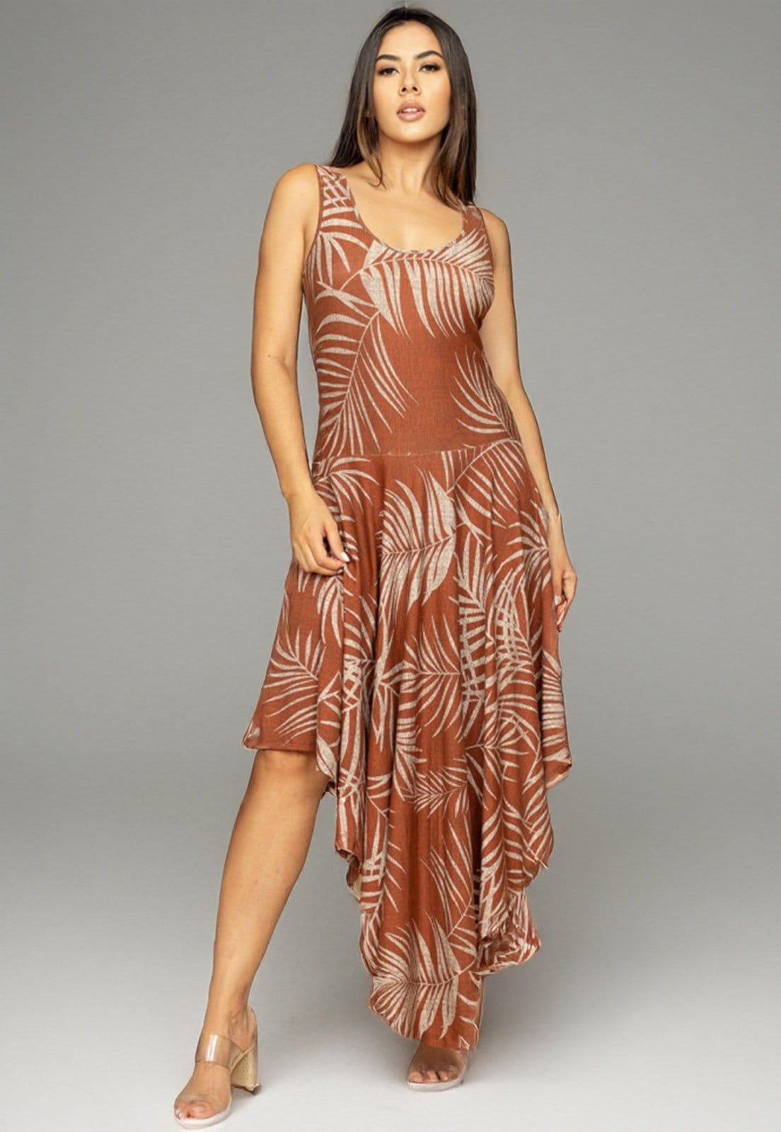 Vestido Cabanafree Baitaca Malha de Bico Estampa Palmas Terra