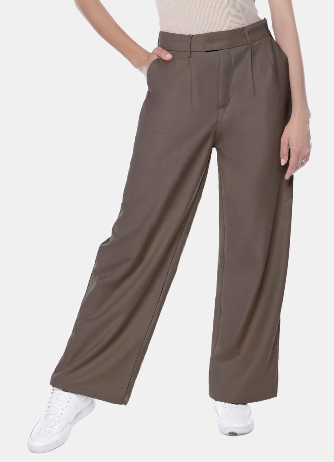 Calça de Pregas Café Sob Cintura Alta em Viscose com Elastano