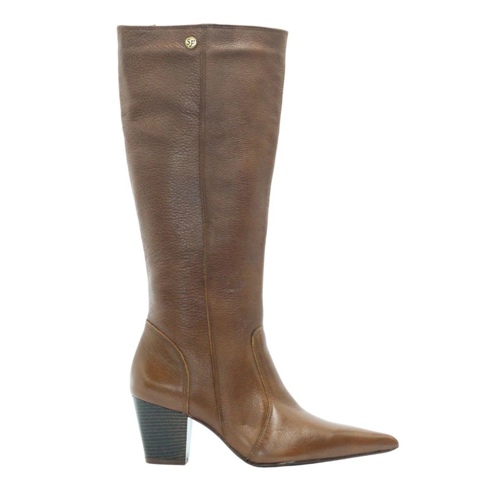 Bota Feminina Bico Fino Cano Longo Couro Salto 6 Camel