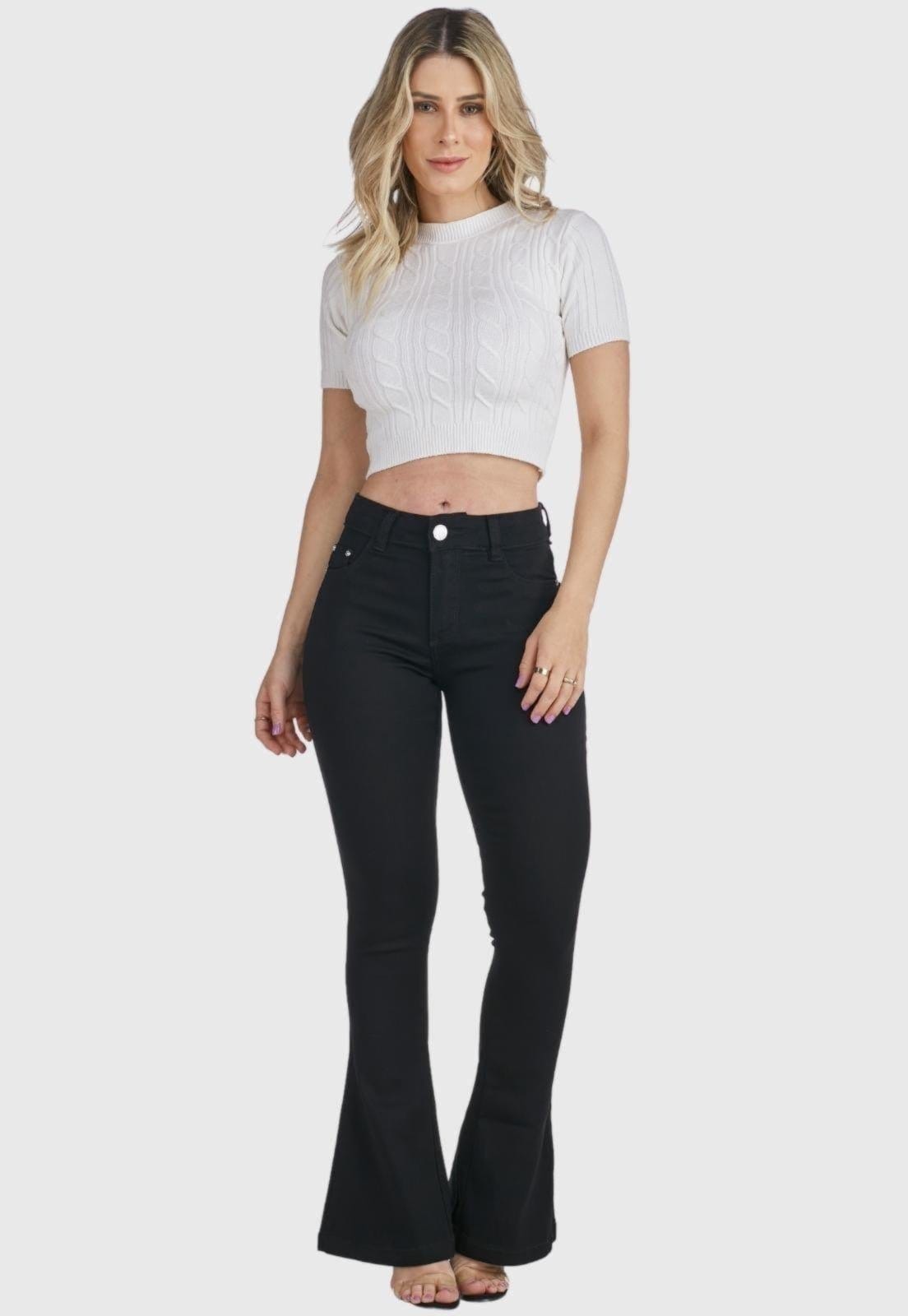 Vista 2 Calça Jeans Flare HNO Jeans Petit Boca de Sino Preta HNO Jeans preto