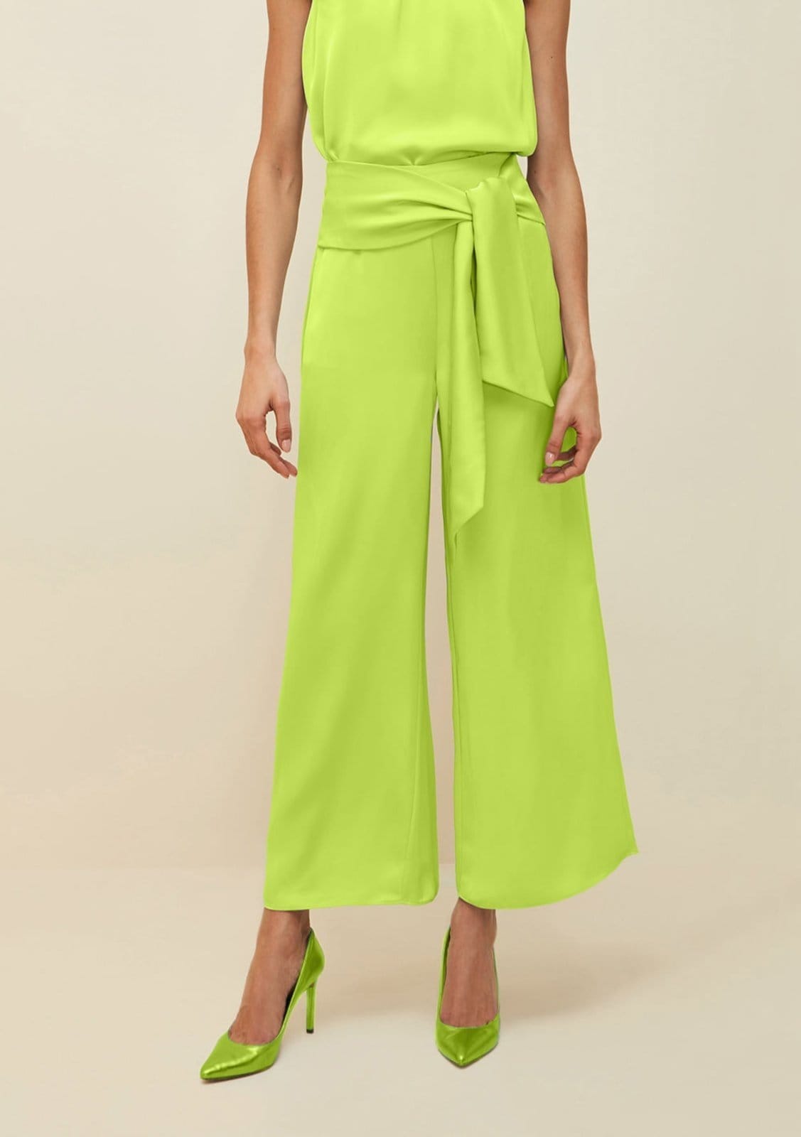 Vista 2 Calça Morena Rosa Reta Cós Alto Com Amarração Verde Verde Morena Rosa verde rosa