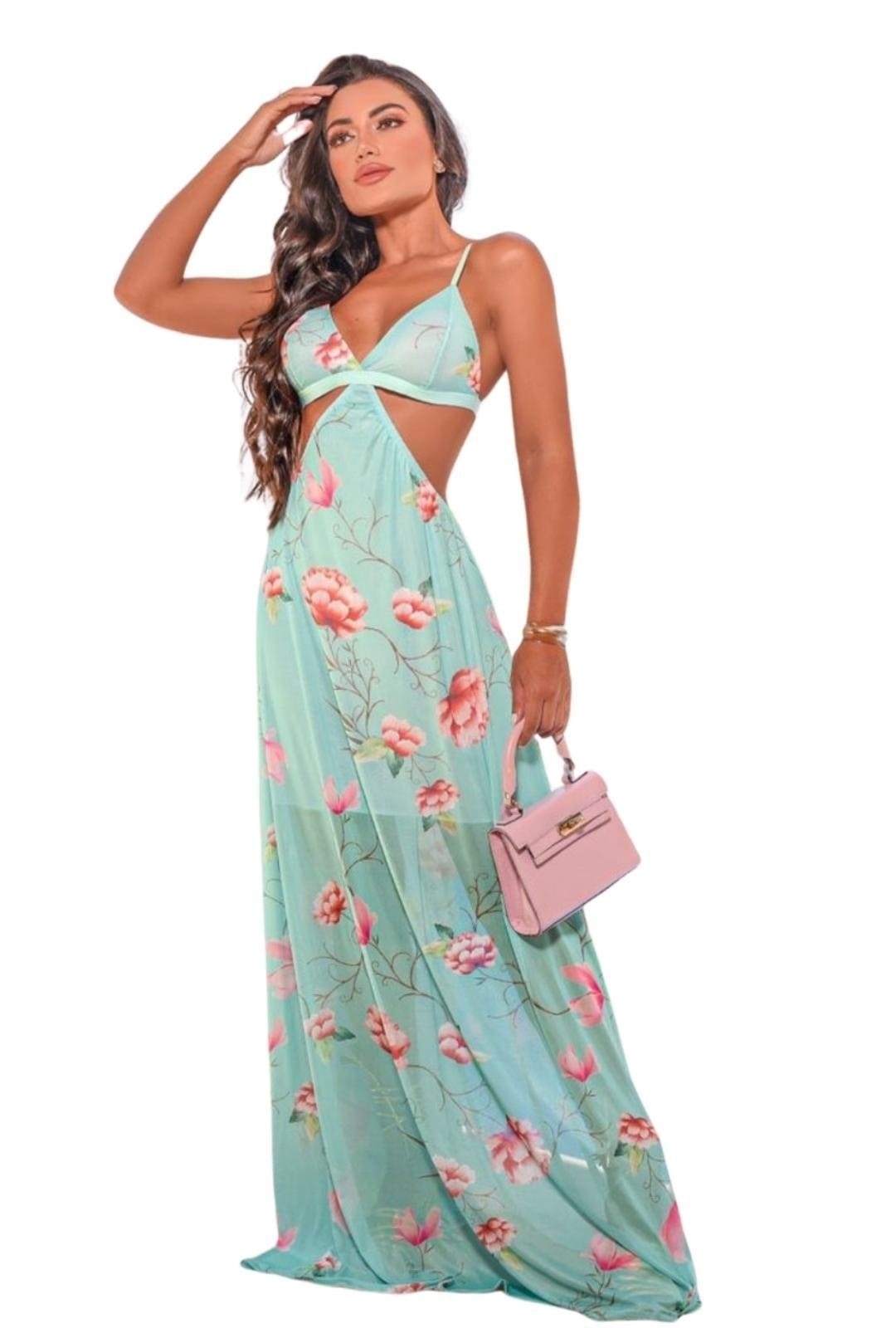 Vista 2 Vestido de Verão Longo Frente Única Cia do Vestido floral/multicolorido/verde