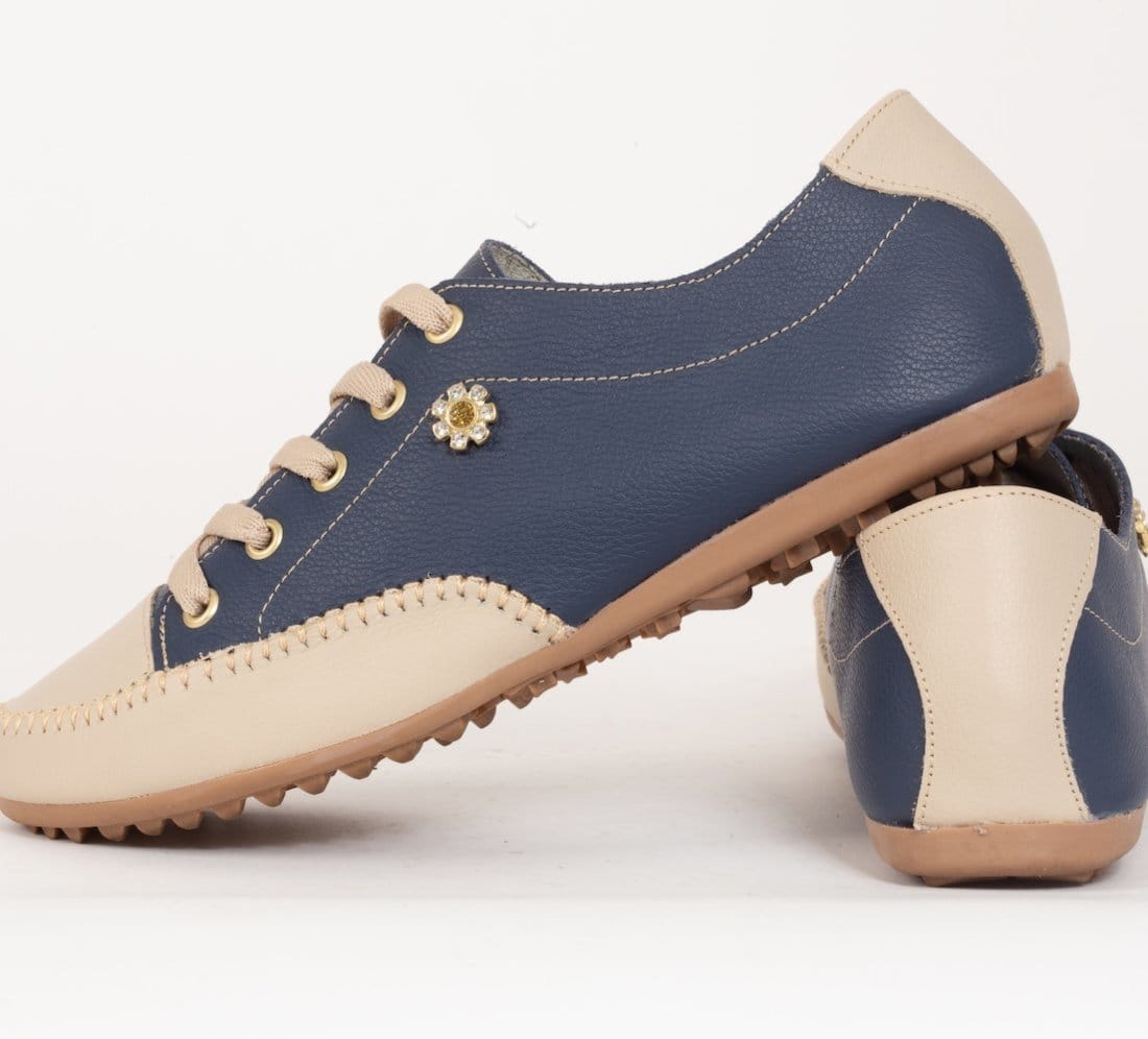 Vista 2 Tênis Sapatênis Feminino diRavena em Couro - Cod100 Bege diRavena azul/azul marinho/bege azul