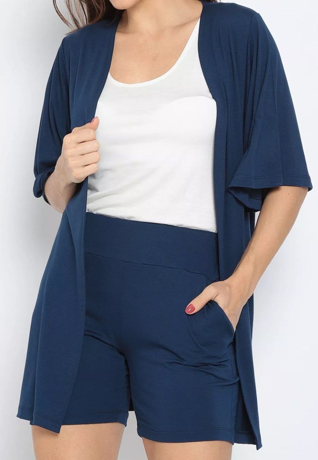 Conjunto Maria Paes Short, Kimono e Regata Marinho e Off White