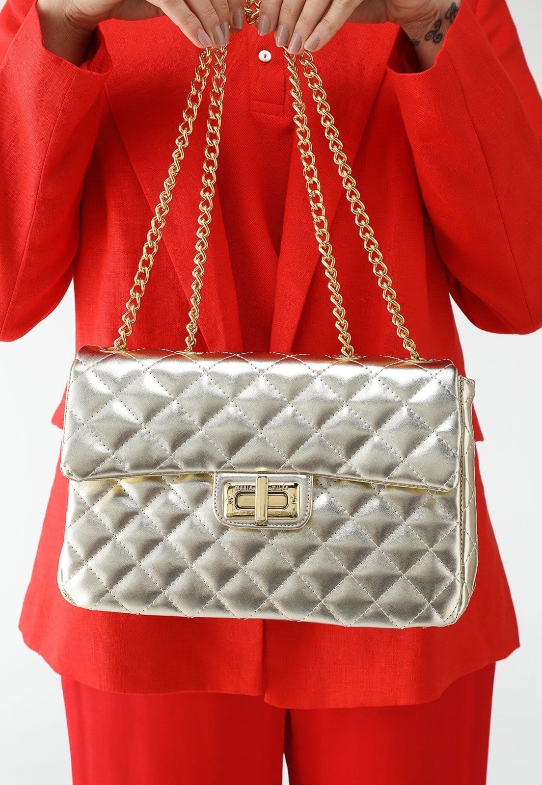 Vista principal Bolsa Feminina Maria Milão Matelassê Dourada Metalizada Maria Milão bege/branco/bronze/cobre/dourado/off-white