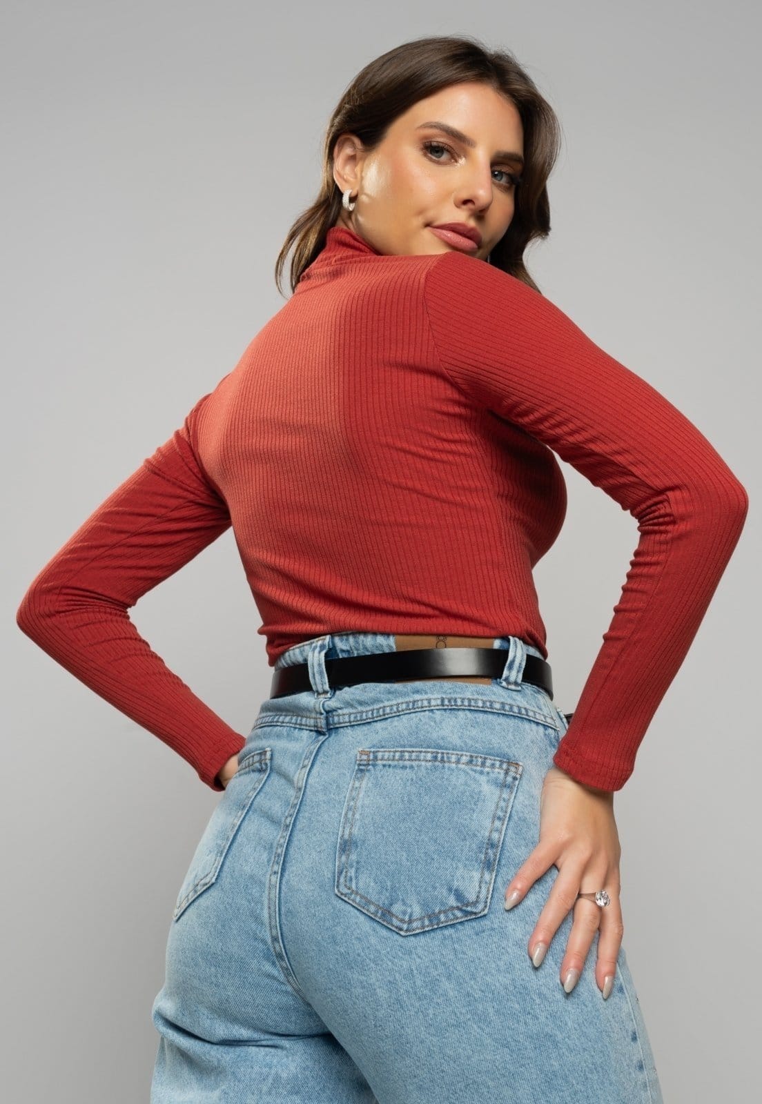 Vista 2 Blusa Salvatore Gola Alta Manga Longa Malha Canelada Terracota Salvatore Fashion laranja