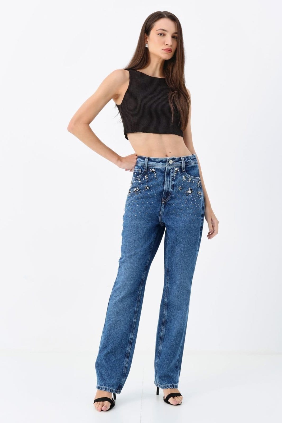 Vista principal Calça Straight Cintura Alta Pedraria ACT FEMININO jeans