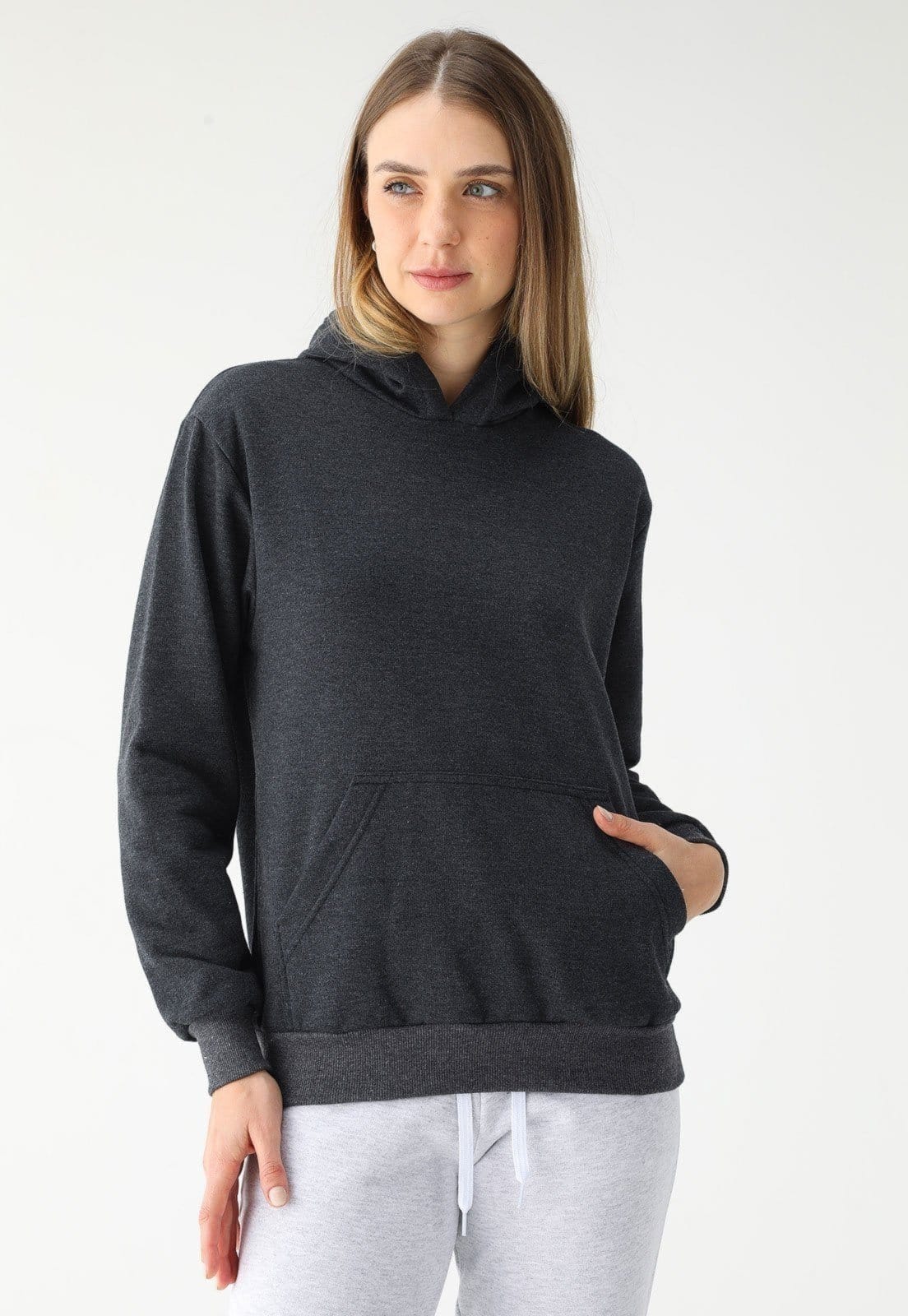 Blusa de Frio Moletom Feminino Flanelado Benellys Liso Canguru Chumbo