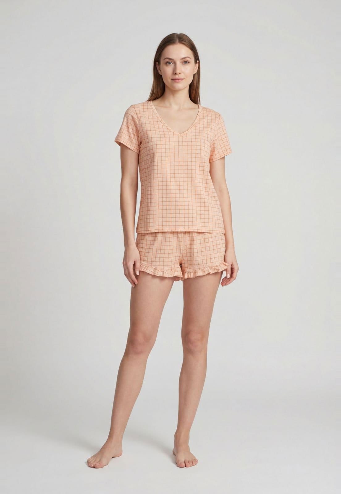 Conjunto Pijama Feminino Hering Xadrez Pêssego