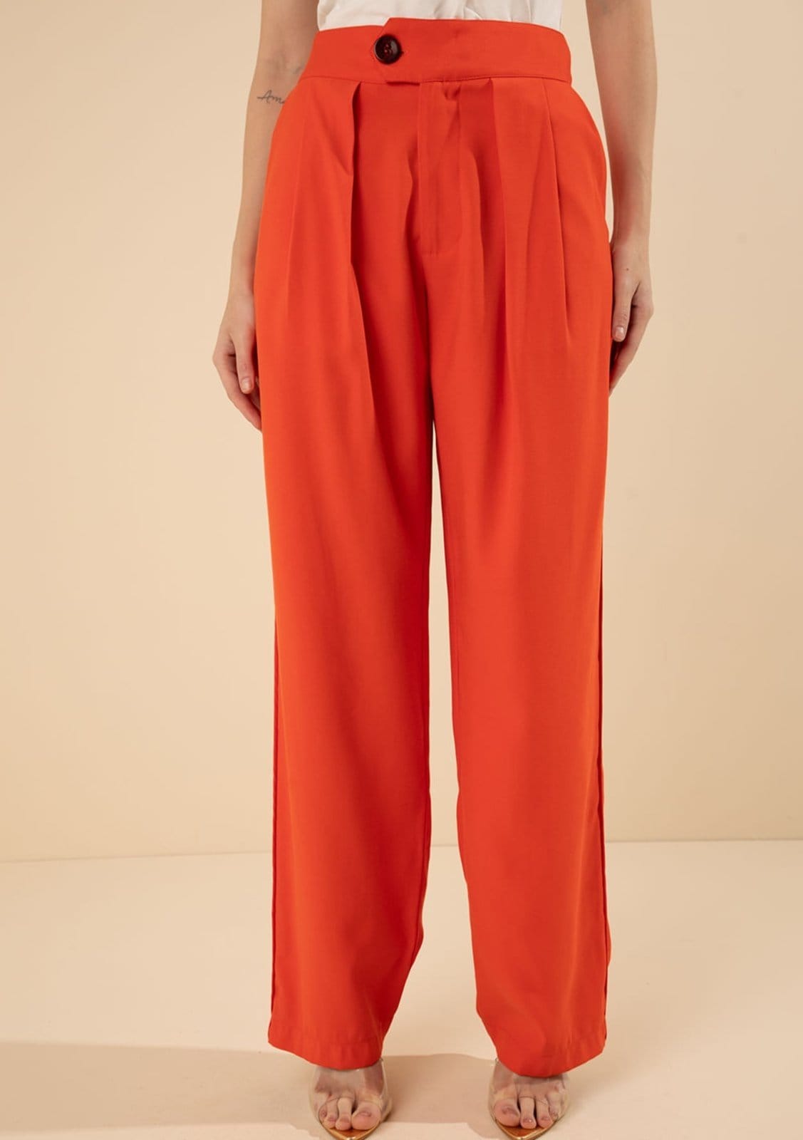 Vista 2 Calça Morena Rosa Reta Alta Laranja Morena Rosa laranja rosa