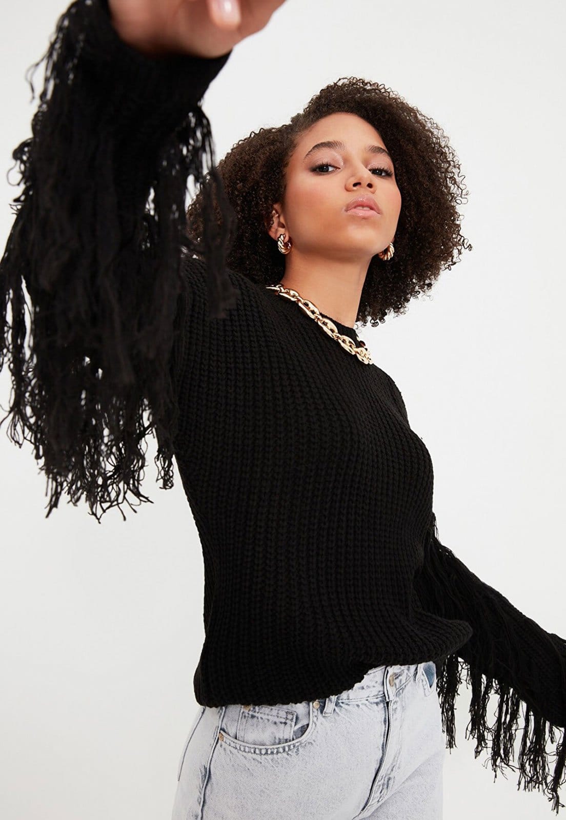 Suéter Tricot Trendyol Collection Franjas Preta