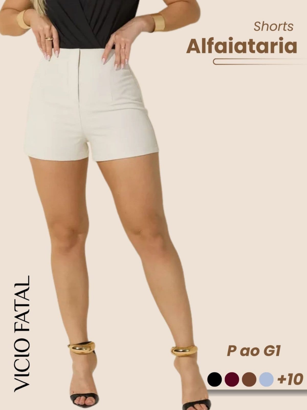 Shorts Feminino de Alfaitaria Social OffWhite Fecho Invisível Elegante Plissado Modelagem Curta Cintura Alta Estiloso Casual Sofisticado Bolsos Frontais Fecho com Botão Minimalista
