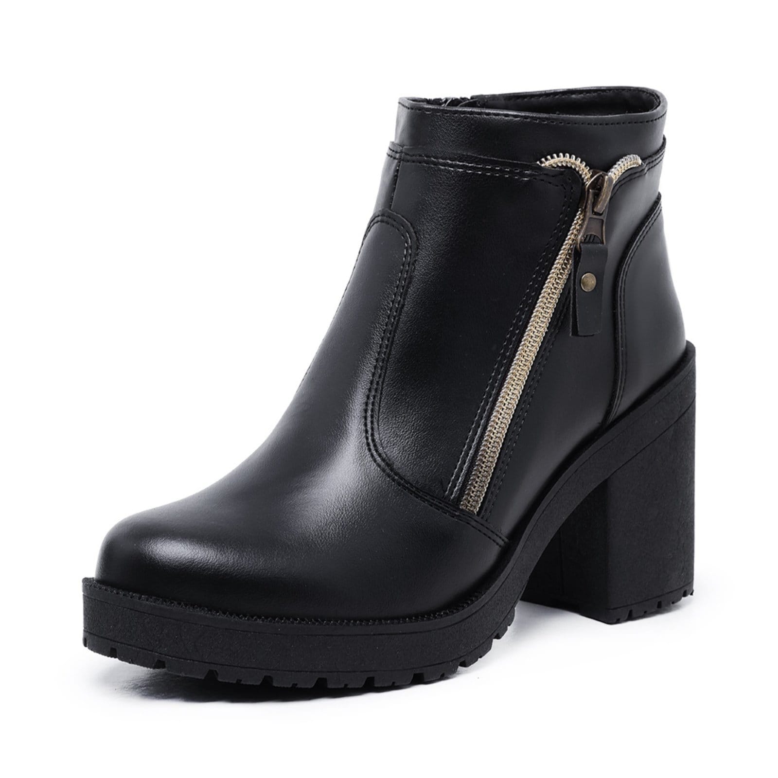 Bota Cano Curto Feminina Salto Bloco com Ziper Lateral Preta