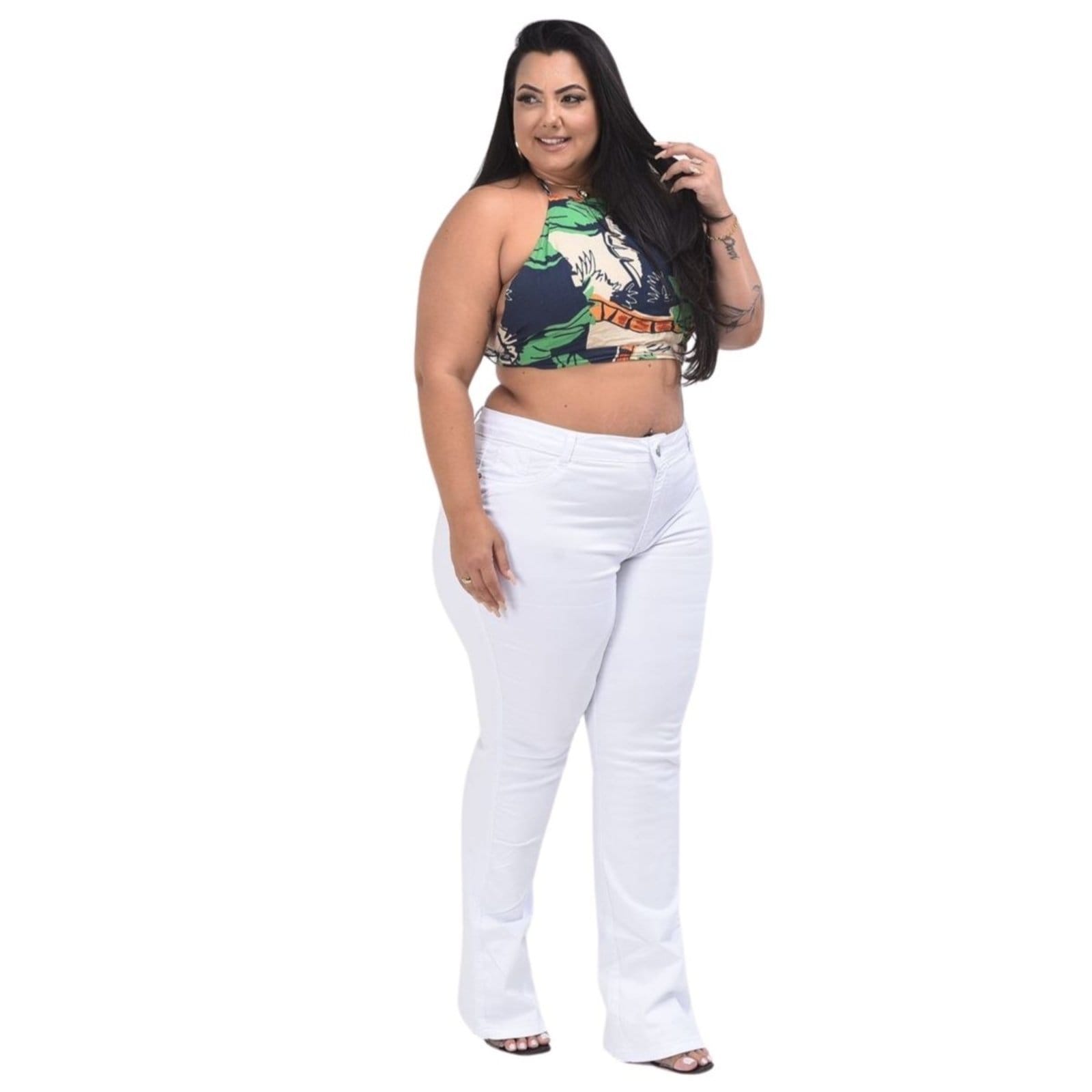 Vista 2 Calça Flare Branca Feminina Plus Size JEANS LIGHT branco