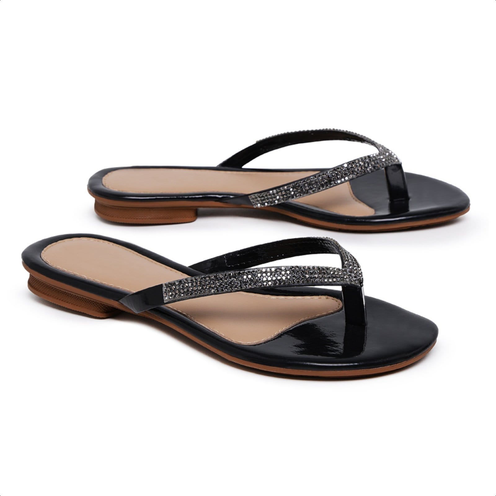 Vista 2 Chinela Feminina Rasteirinha Confortável Salto Baixo Com Strass 34 ao Carmelo Shoes Sandália Baixa Festa Casual CARMELO SHOES preto