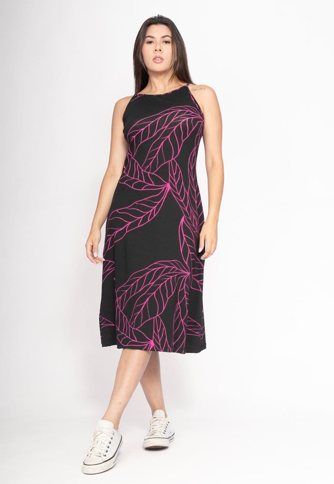 Vestido CabanaFree Aimara Curto Trapézio Malha Estampa Antúrios Lilás