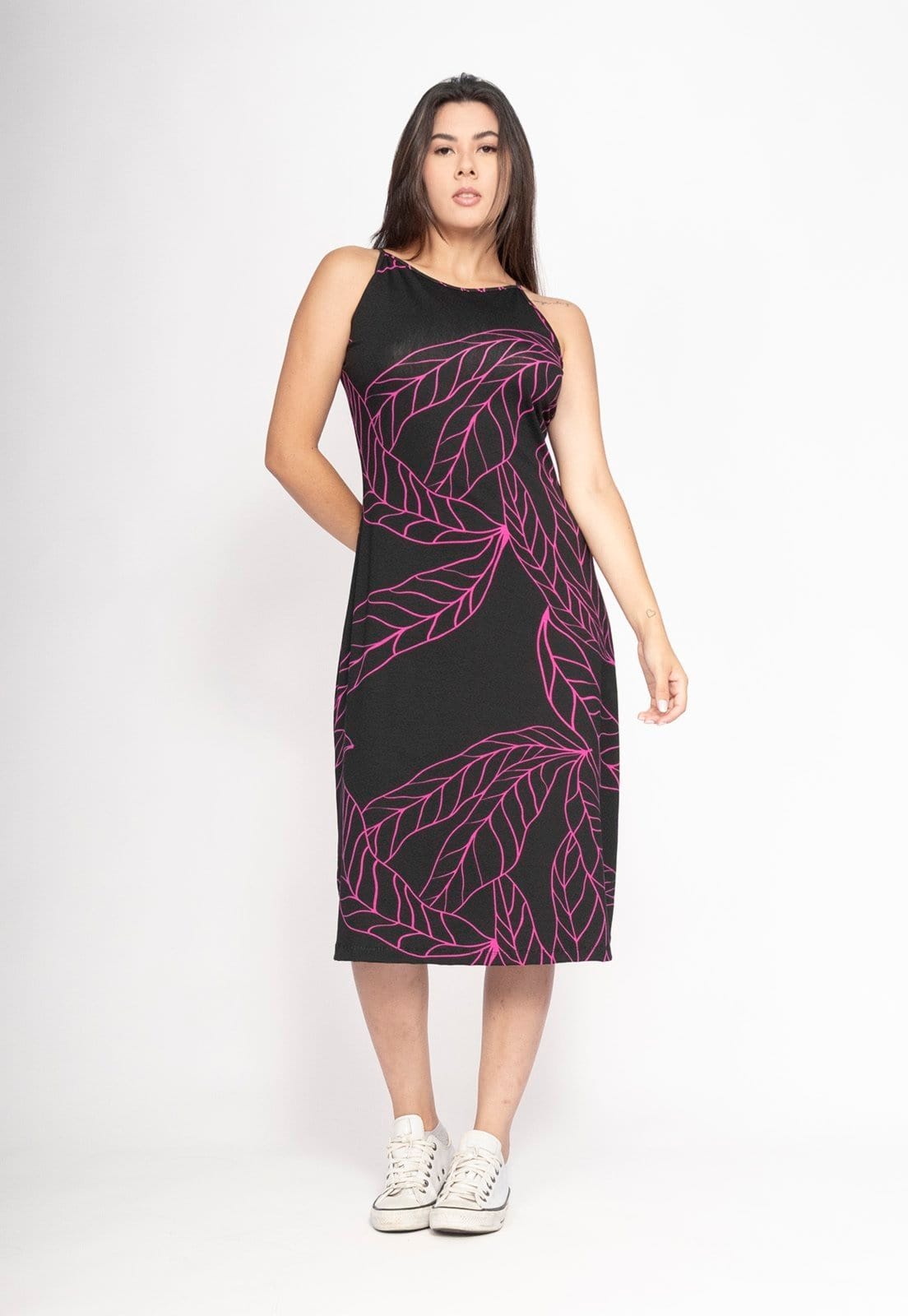 Vista 2 Vestido CabanaFree Aimara Curto Trapézio Malha Estampa Antúrios Lilás Cabanafree estampado