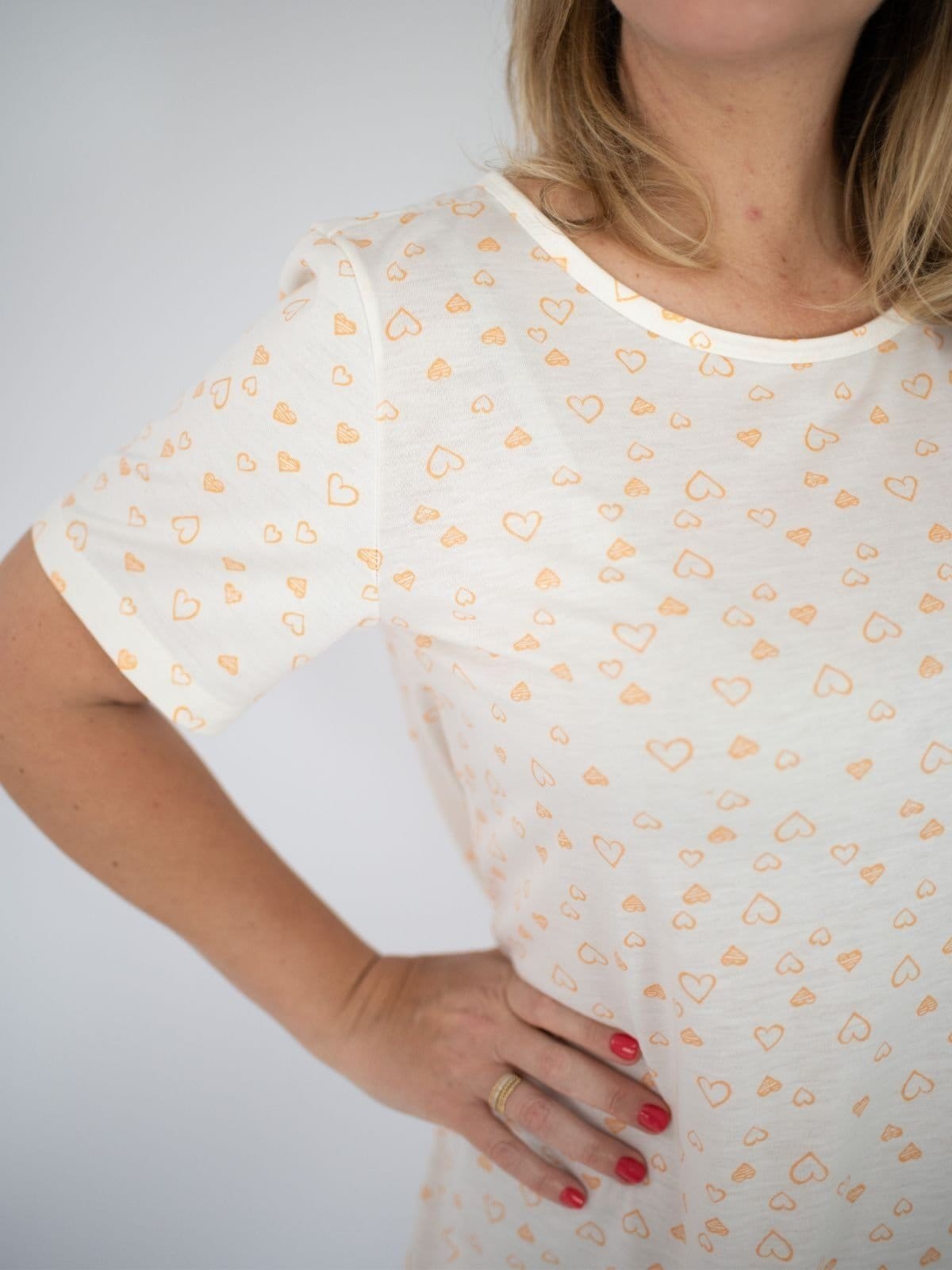 Vista 2 Camisola Manga Curta Poliviscose - Corações Laranja Piante off-white