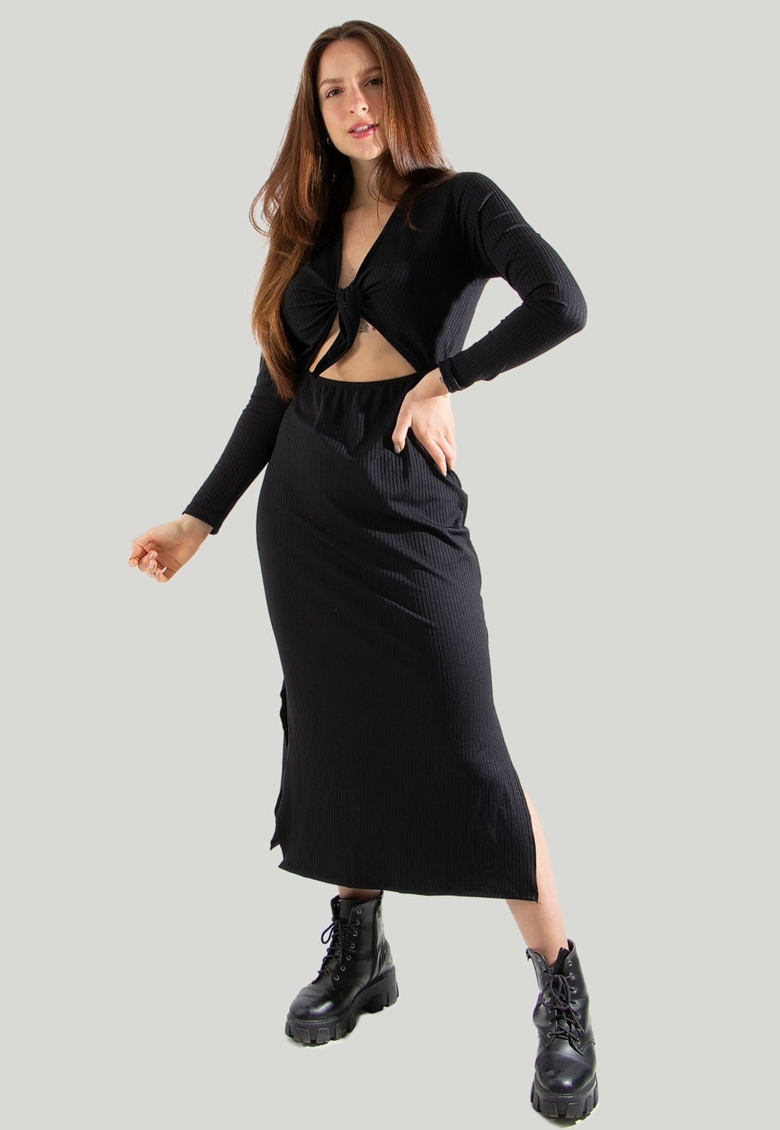 Vestido Midi Laço Frontal Diluxo Manga Longa Canelado