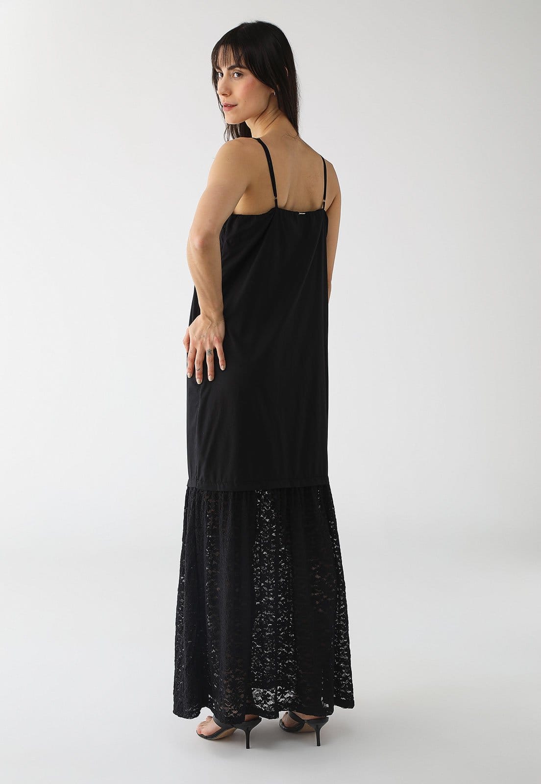 Vista 2 Vestido Lez a Lez Longo Recorte Renda Lez a Lez preto