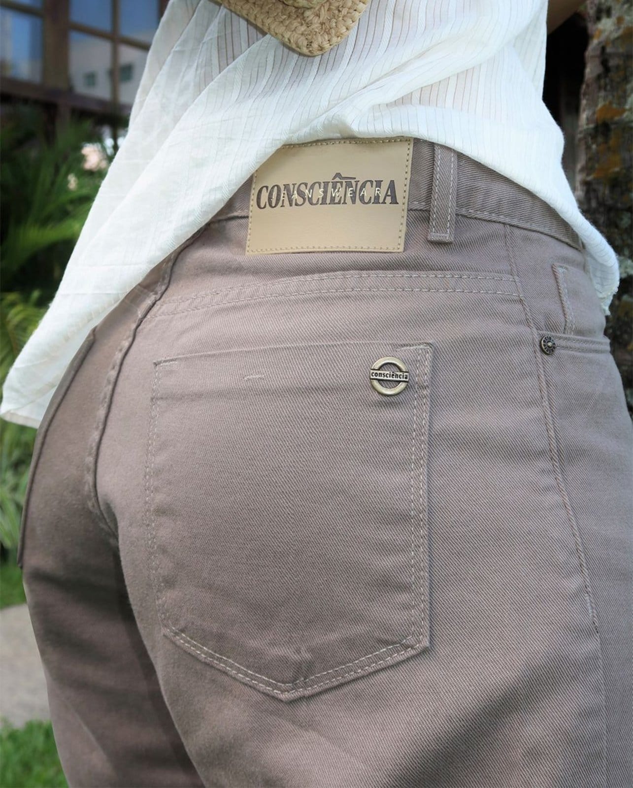 Vista 2 Calça Jeans Wide Leg Feminina Cintura Alta Básica Algodão 29000 Caqui Consciência cáqui caqui