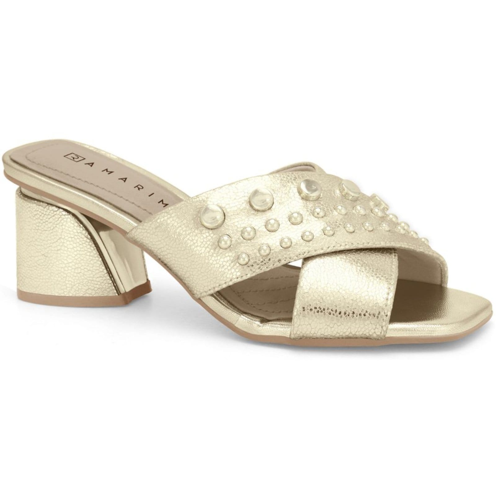 Tamanco Feminino Ouro Tachas Salto Bloco Ramarim 2428207-2