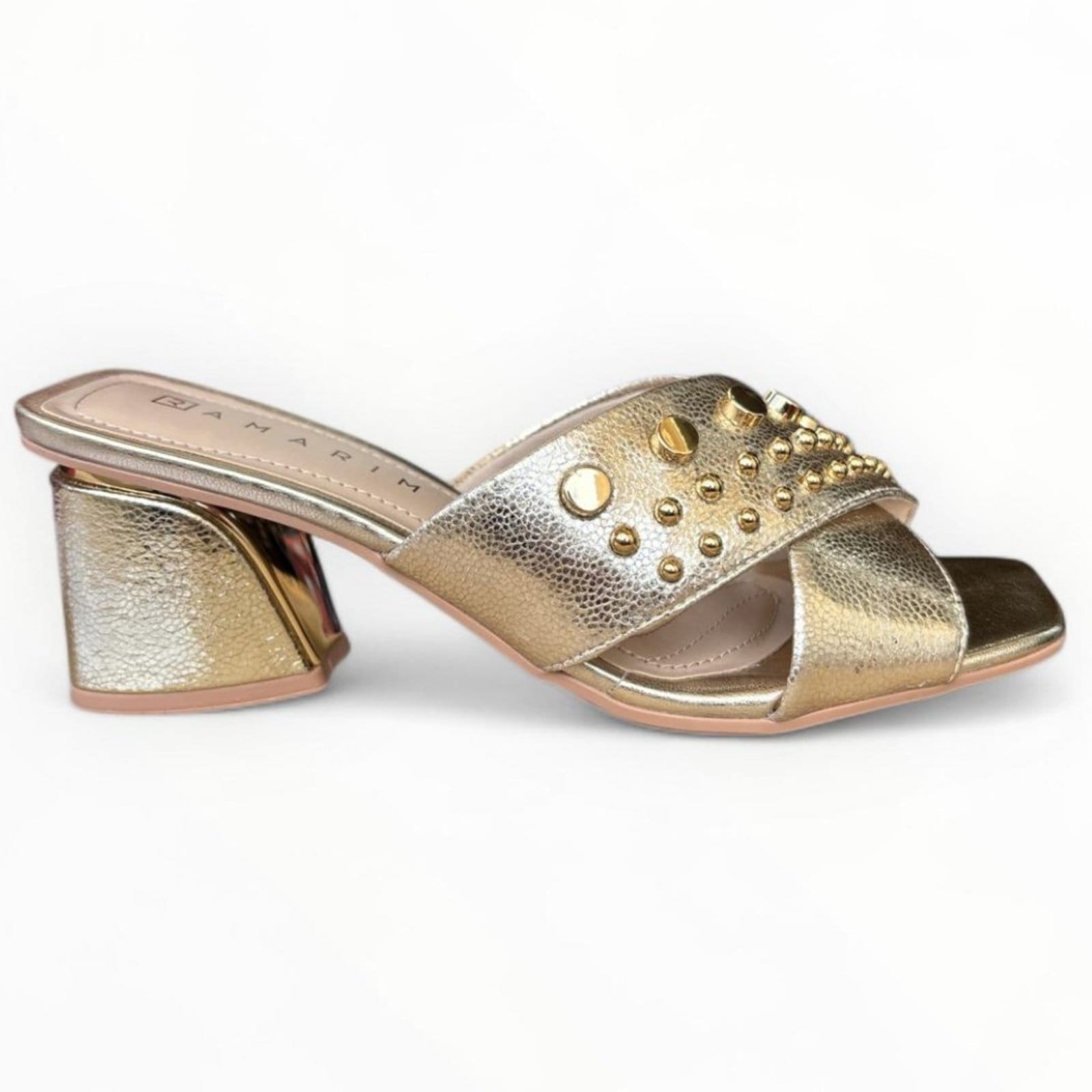 Vista 2 Tamanco Feminino Ouro Tachas Salto Bloco Ramarim 2428207-2 RAMARIM dourado