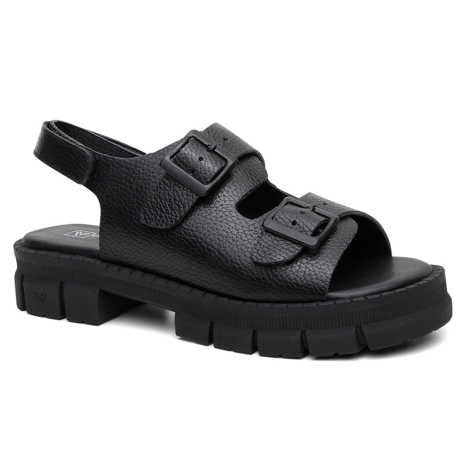 Sandália Feminina Vittal Couro Tira Ajustável Sola Tratorada Preta