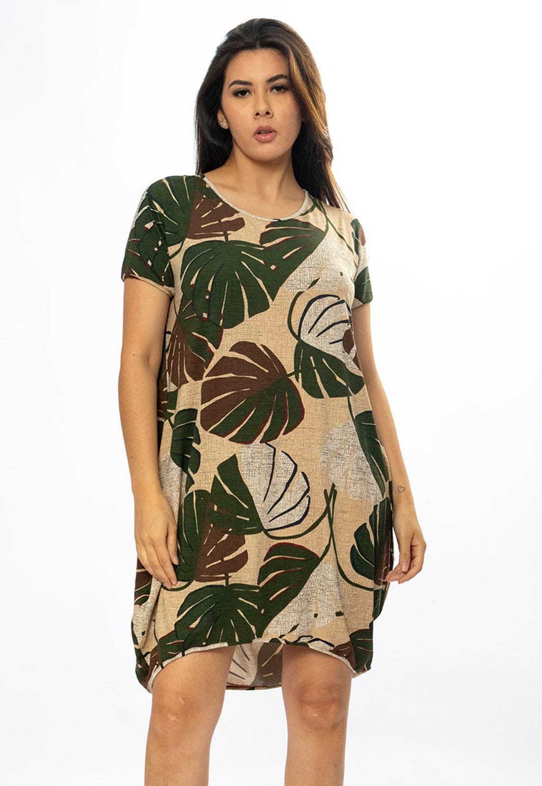 Vista 2 Vestido Curto Amazônia Vital Malha Amplo Always Estampa Folhagem Verde e Amazonia Vital estampado/marrom/verde verde