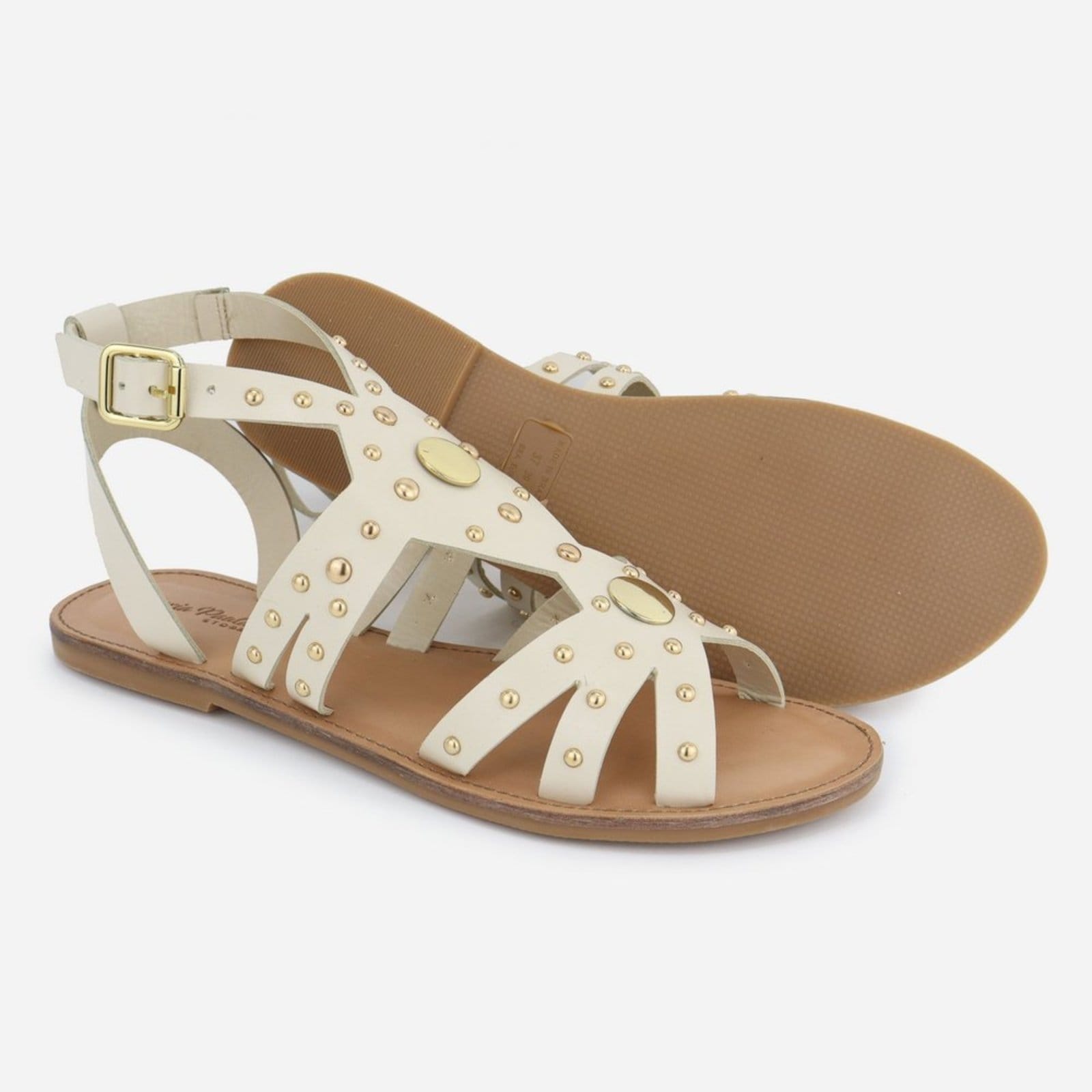 Vista 2 Sandália Rasteira Couro Maria Paula Palminha Conforto Pedraria Off White MARIA PAULA off-white white