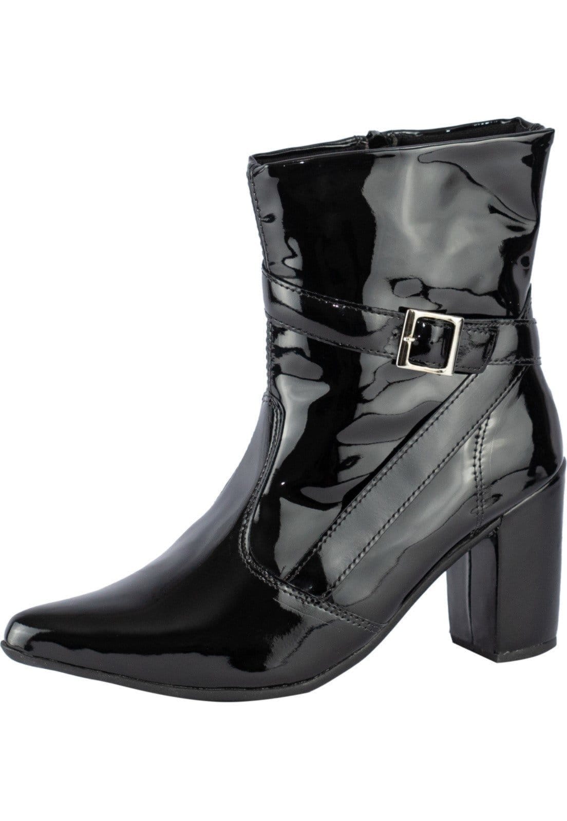 Vista principal Bota Coturno Feminina Lumiss Bico Fino Salto Alto Grosso Confortável Verniz LUMISS preto