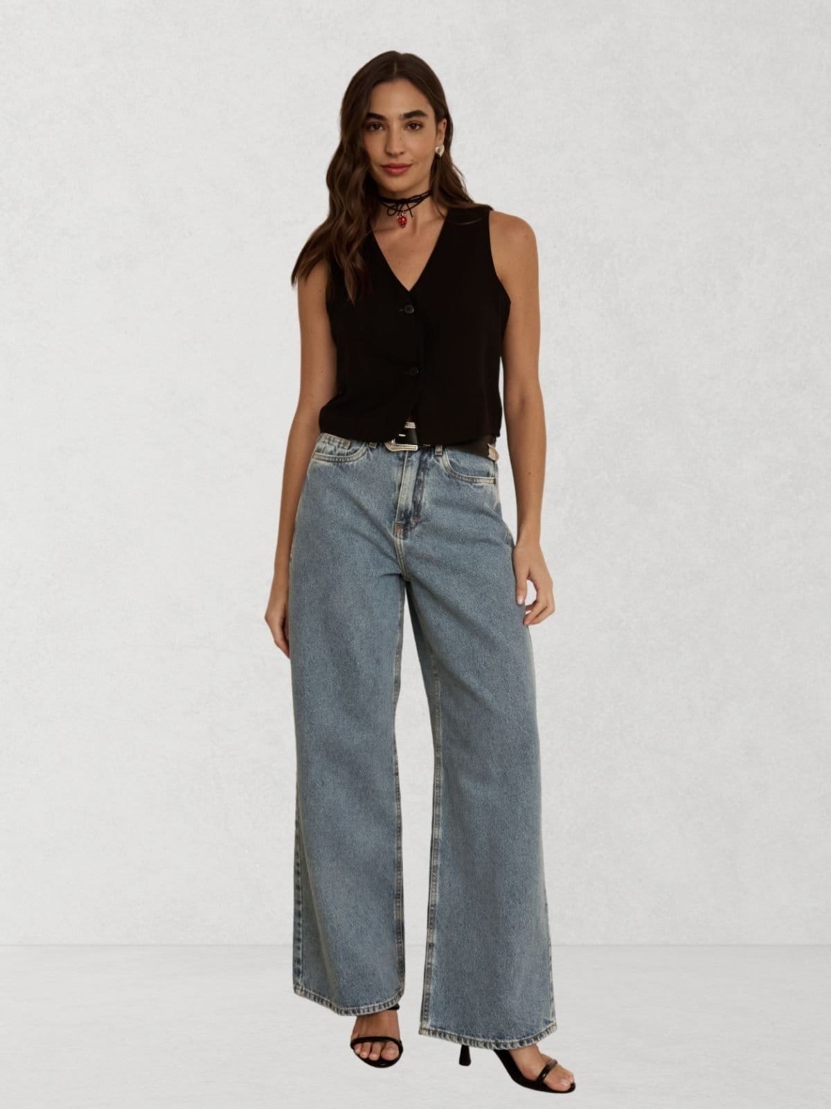 Calça Via Lessa Chicago Modelagem Pantalona Jeans Médio