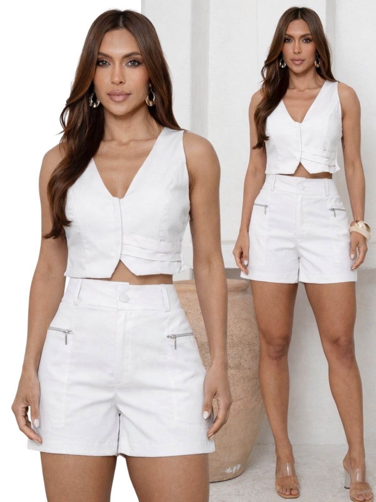 Conjunto Feminino Linho Cropped Colete e Shorts 2030