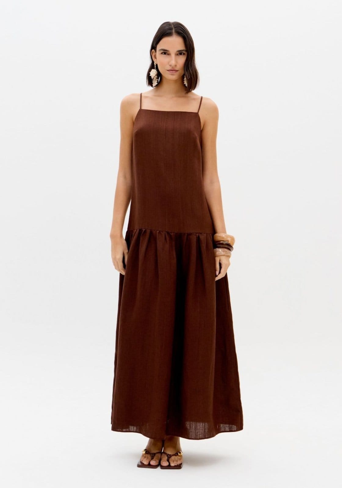 Vestido Longo De Alças Com Linho