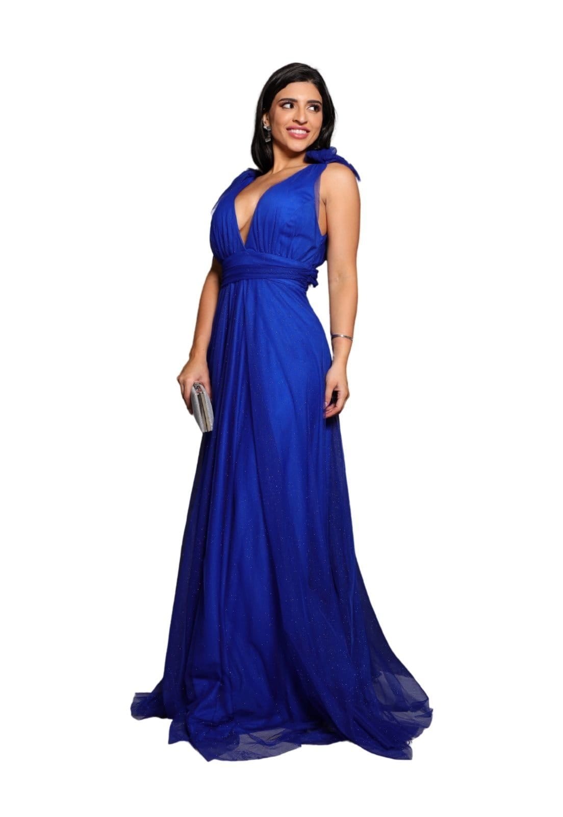 Vestido Longo de Festa Micro Tule com Brilho Madrinhas Decote em V Greice Bic