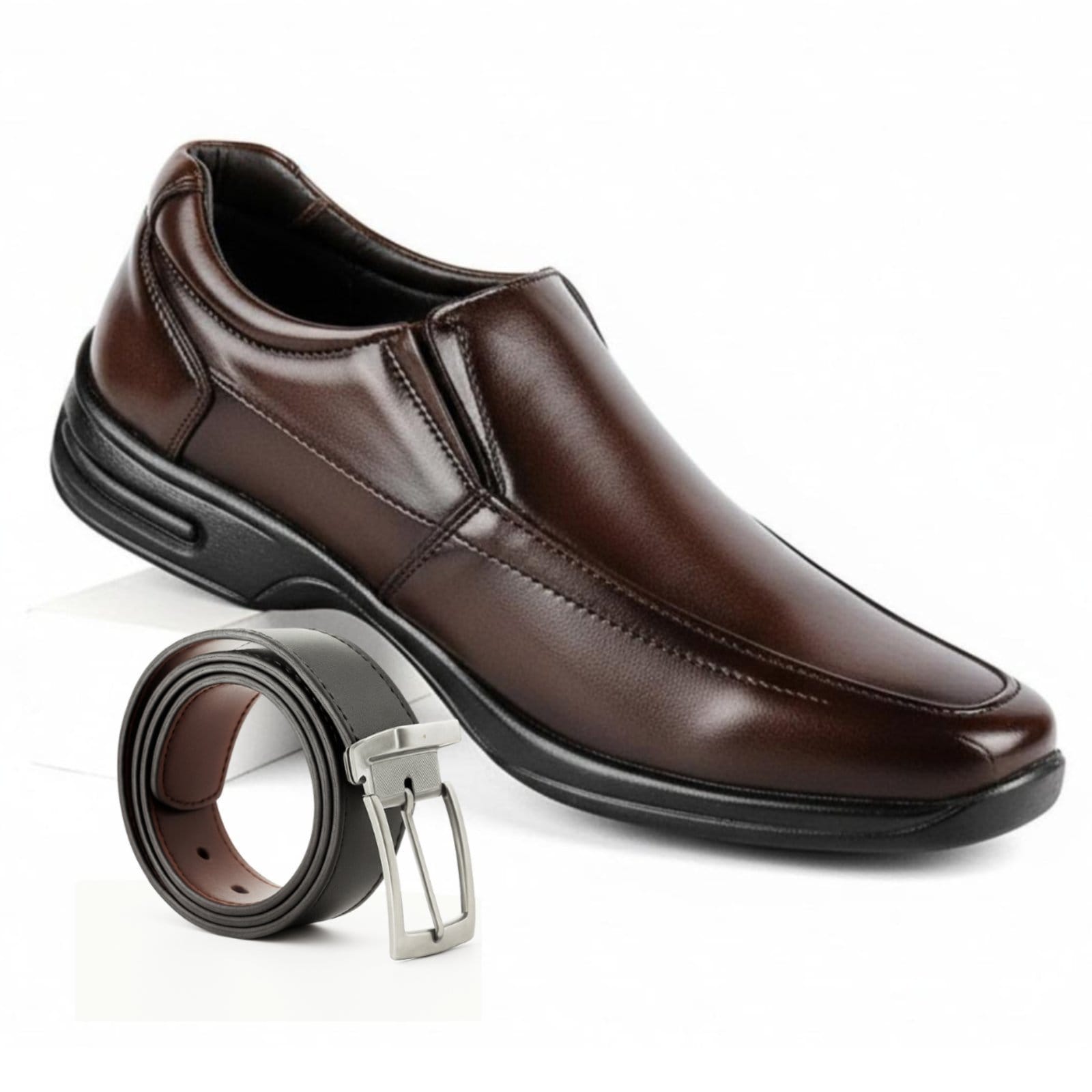 Mocassim Social Sapato Loafer Masculino Ortopédico Elástico + Cinto Kit Café